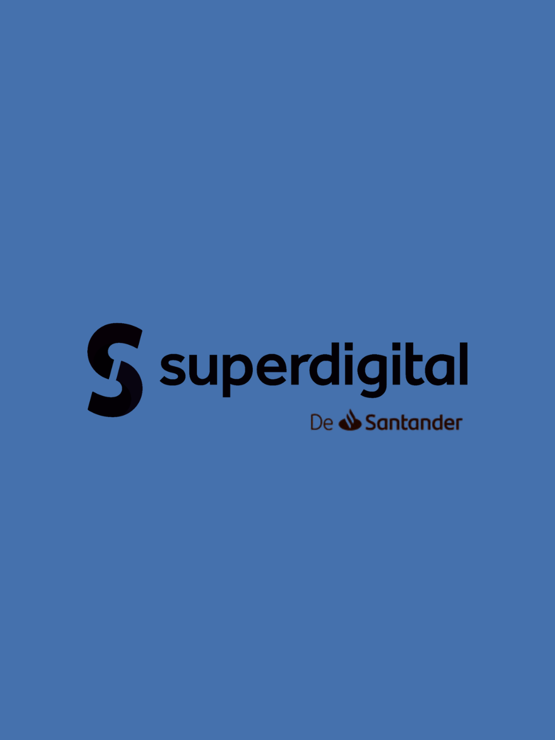 Blue background with the Superdigital logo, featuring a stylized black 'S' and the word 'superdigital' in black, along with the logo and name of De Santander.
