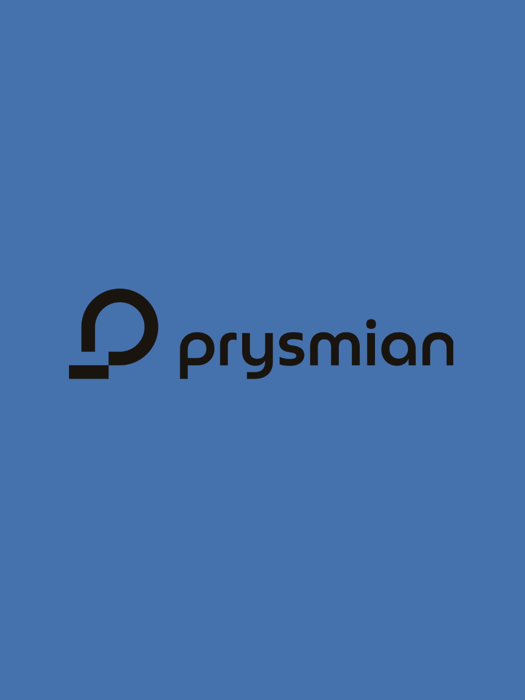 Blue background with the Prysmian logo in black, featuring a stylized 'P' and the company name.