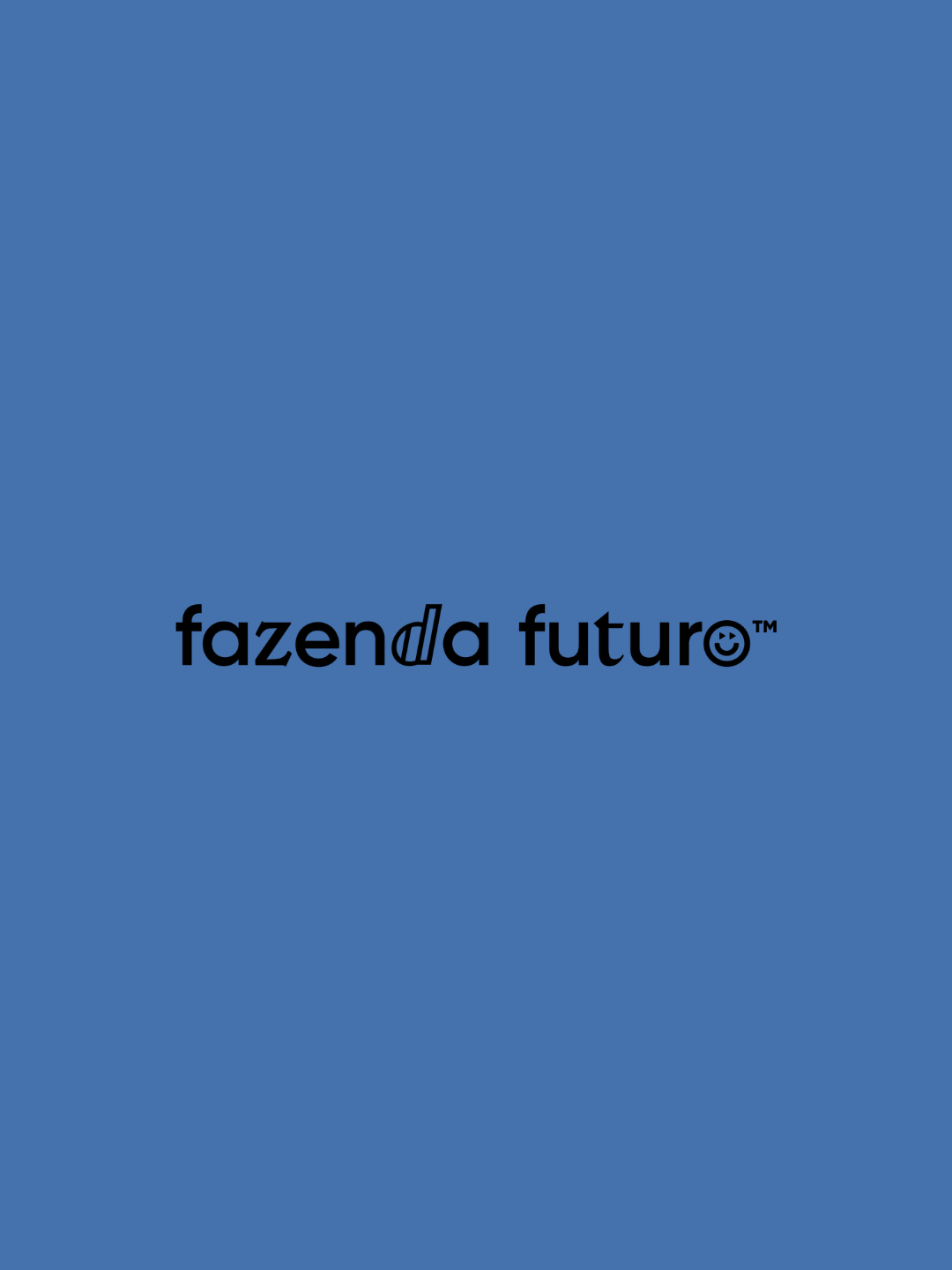 Blue background with the black text 'fazen[da] future' and a smiley face within the letter 'o' in 'future'.