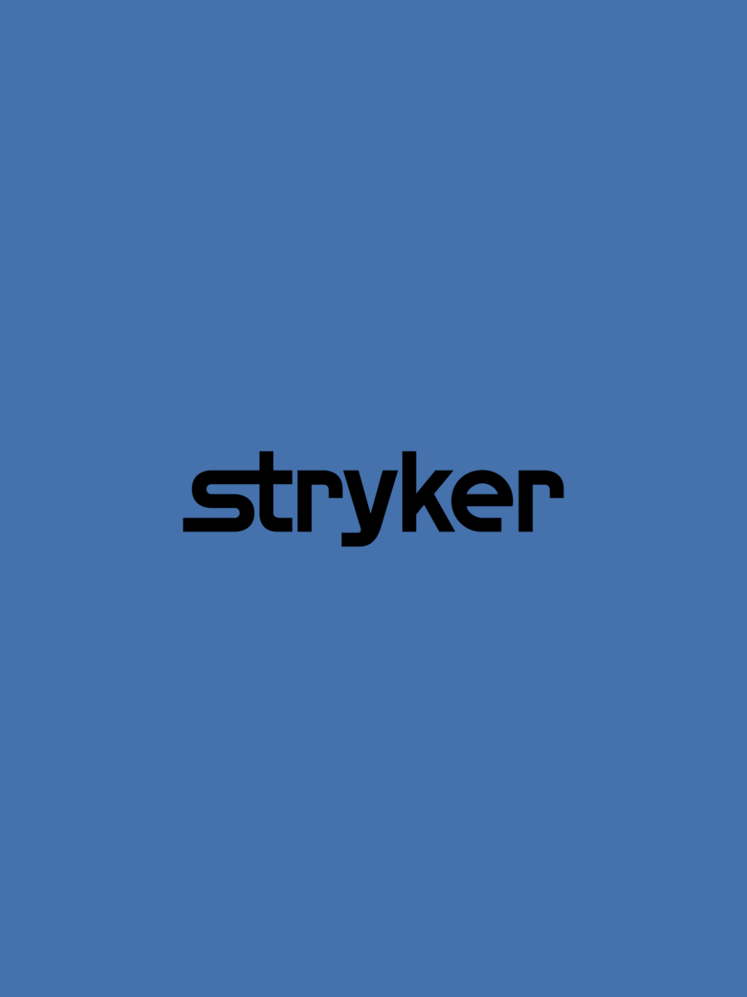 Blue background with the word 'Stryker' written in black in the center.