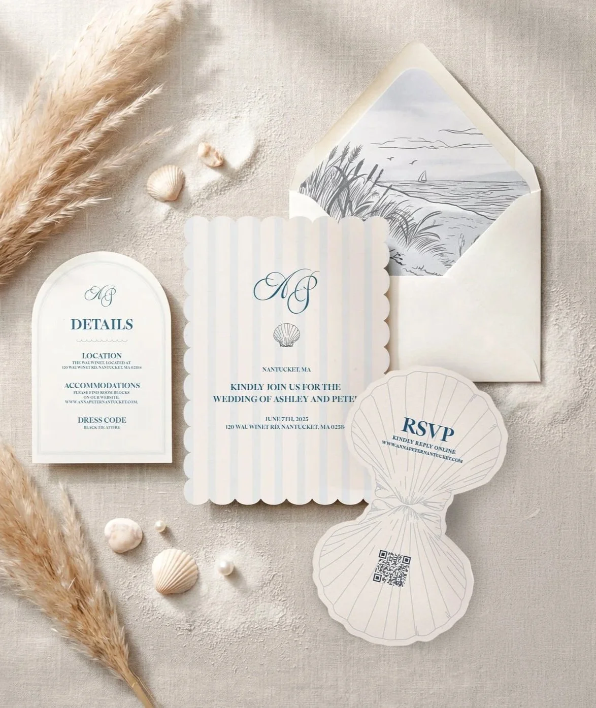 Beach-themed wedding invitation set with an RSVP card, details card, and an envelope with a seaside illustration. Curated for a wedding in Nantucket.