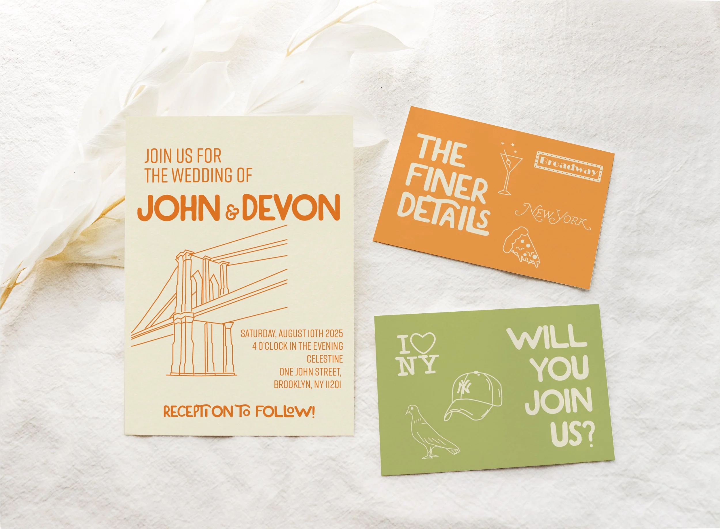 Three colorful wedding invitation cards with doodles and text, placed on a white textured background with dry white leaves. The cards promote a wedding event for John and Devon, including details about the date, time, and location, and other social a