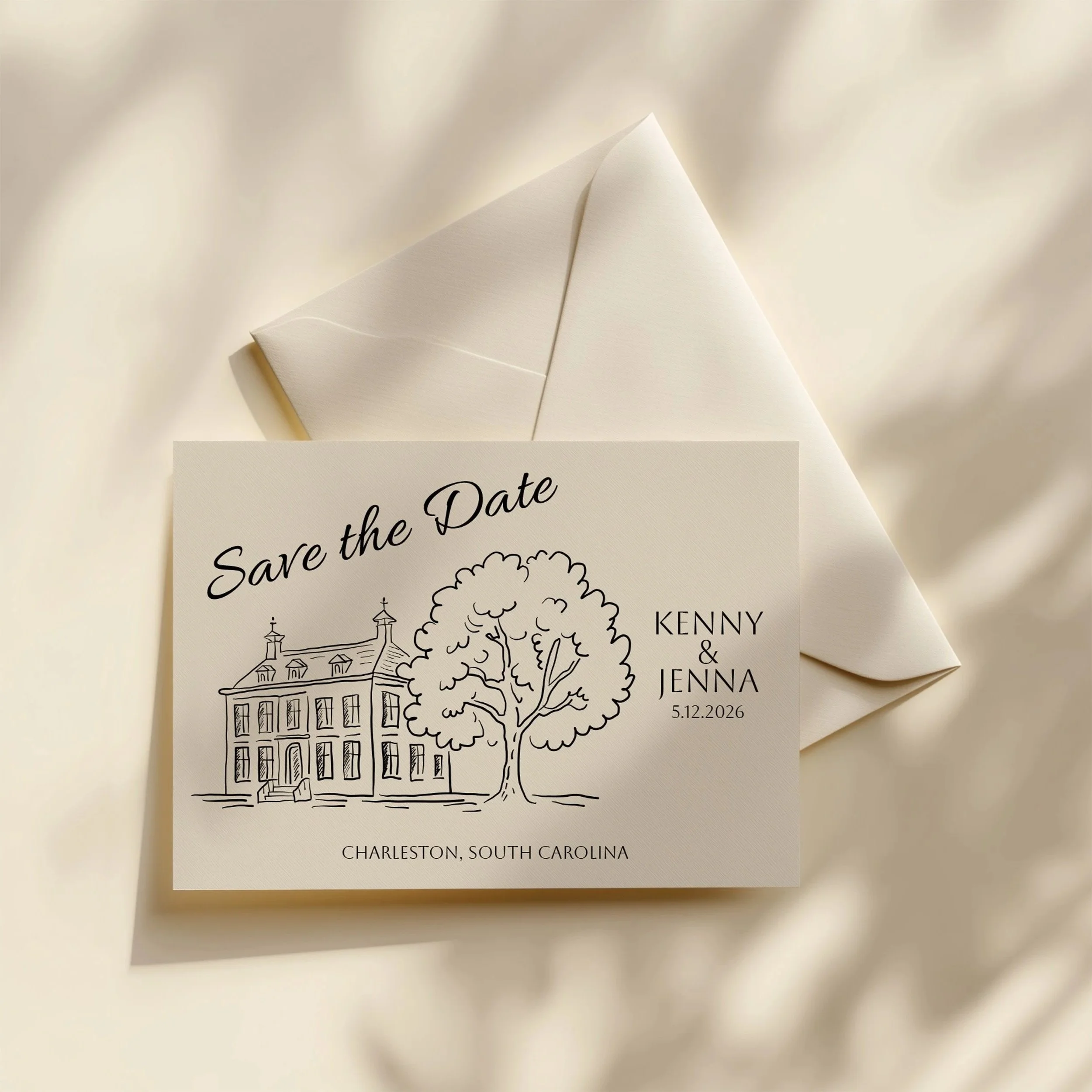 A wedding save-the-date card featuring an illustration of a mansion, a large tree, and text indicating the wedding of Kenny and Jenna in Charleston, South Carolina, placed in front of an envelope.