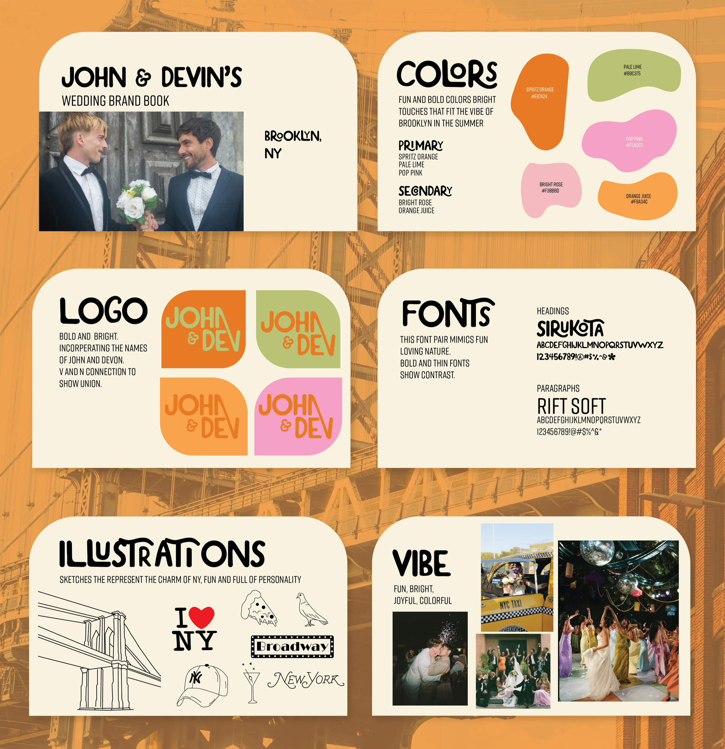 A colorful wedding brand guide with sections for a couple's story, color palette, logo, font styles, illustrations, and vibe images, all set against an orange bridge background.