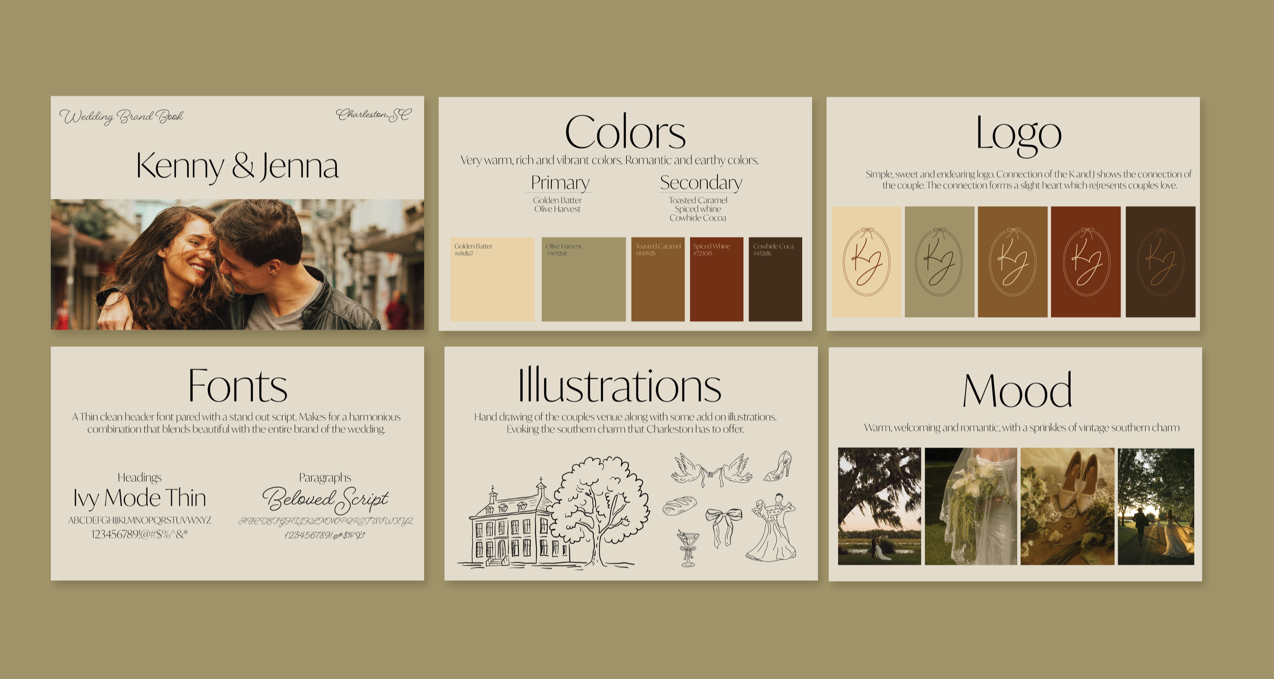 Wedding brand book with sections for colors, logo, fonts, illustrations, and mood, featuring a photo of a smiling couple on a lively street.