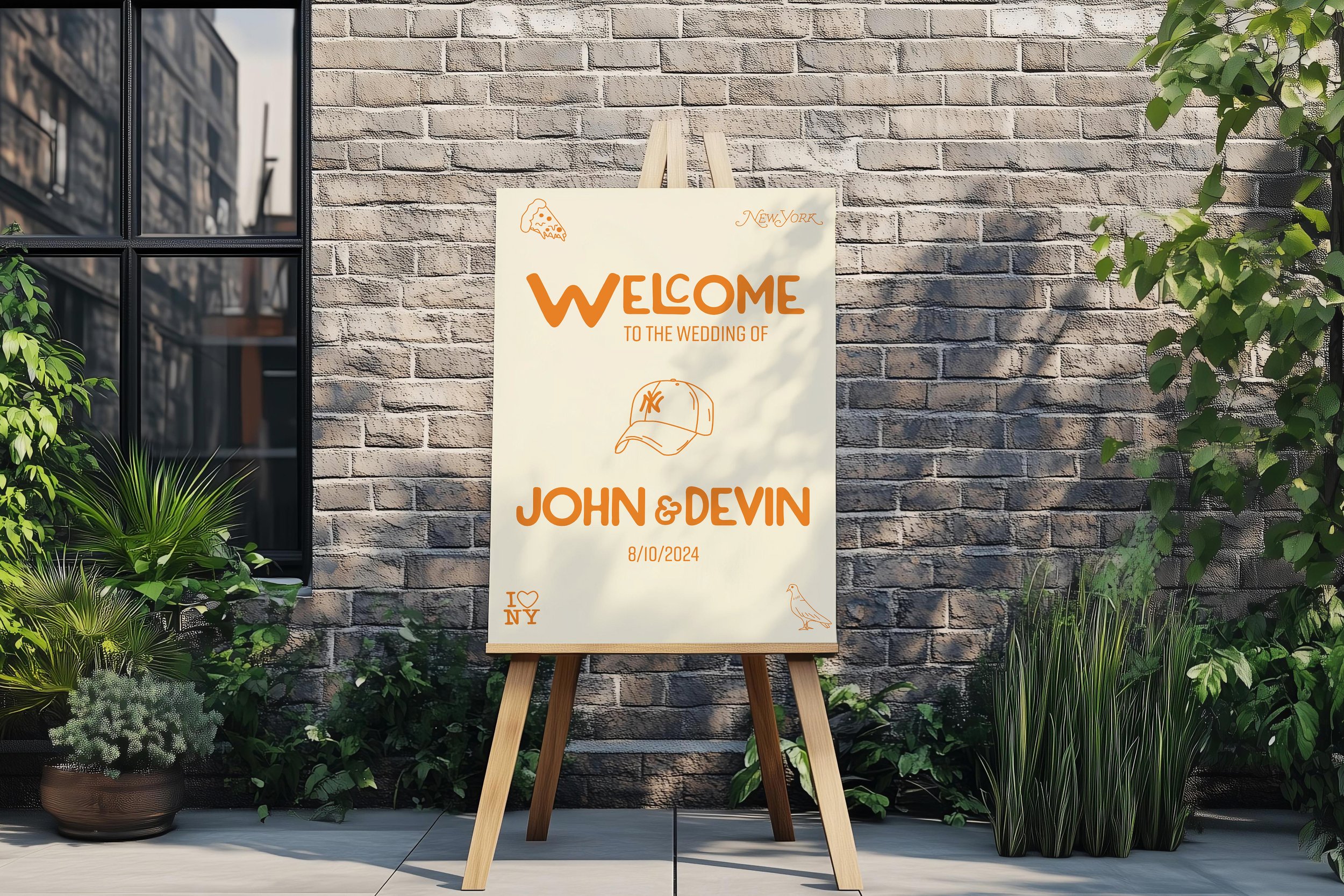 Wedding welcome sign on an easel outdoors. The sign welcomes guests, mentions John and Devin's wedding date, and has decorative small drawings including a pizza slice, baseball cap, pigeon, and 'I love NY' text. Featuring a NY wedding.