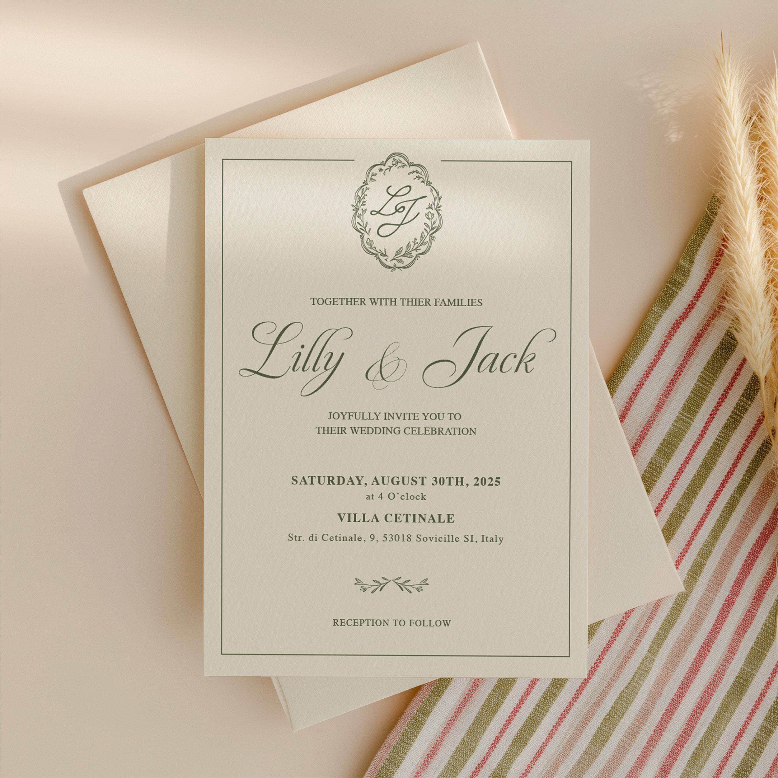 Elegant and timeless wedding invitation card for Lilly and Jack with details of the event.