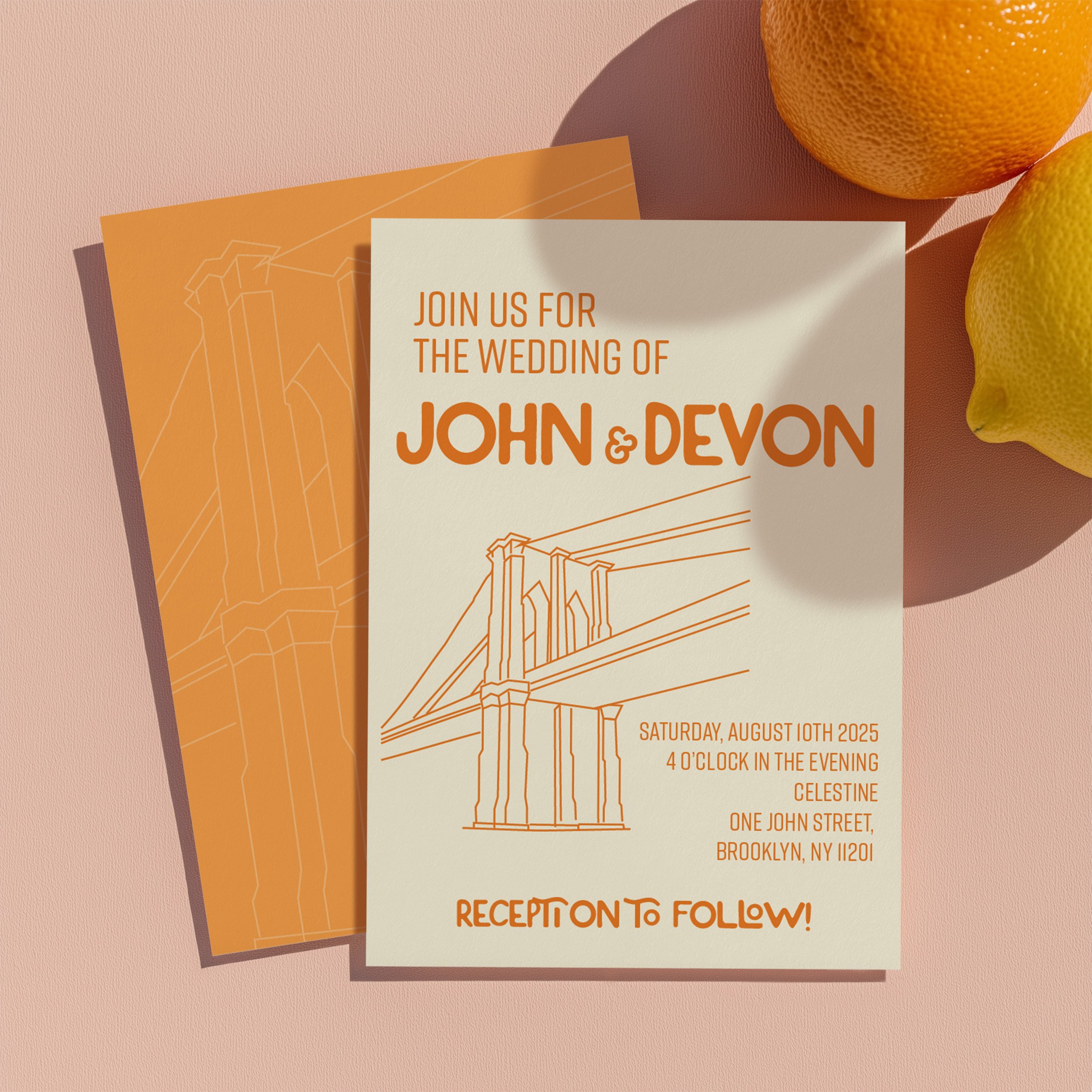 Wedding invitation for John and Devon with an illustration of a bridge, on a pink background with oranges and lemons.