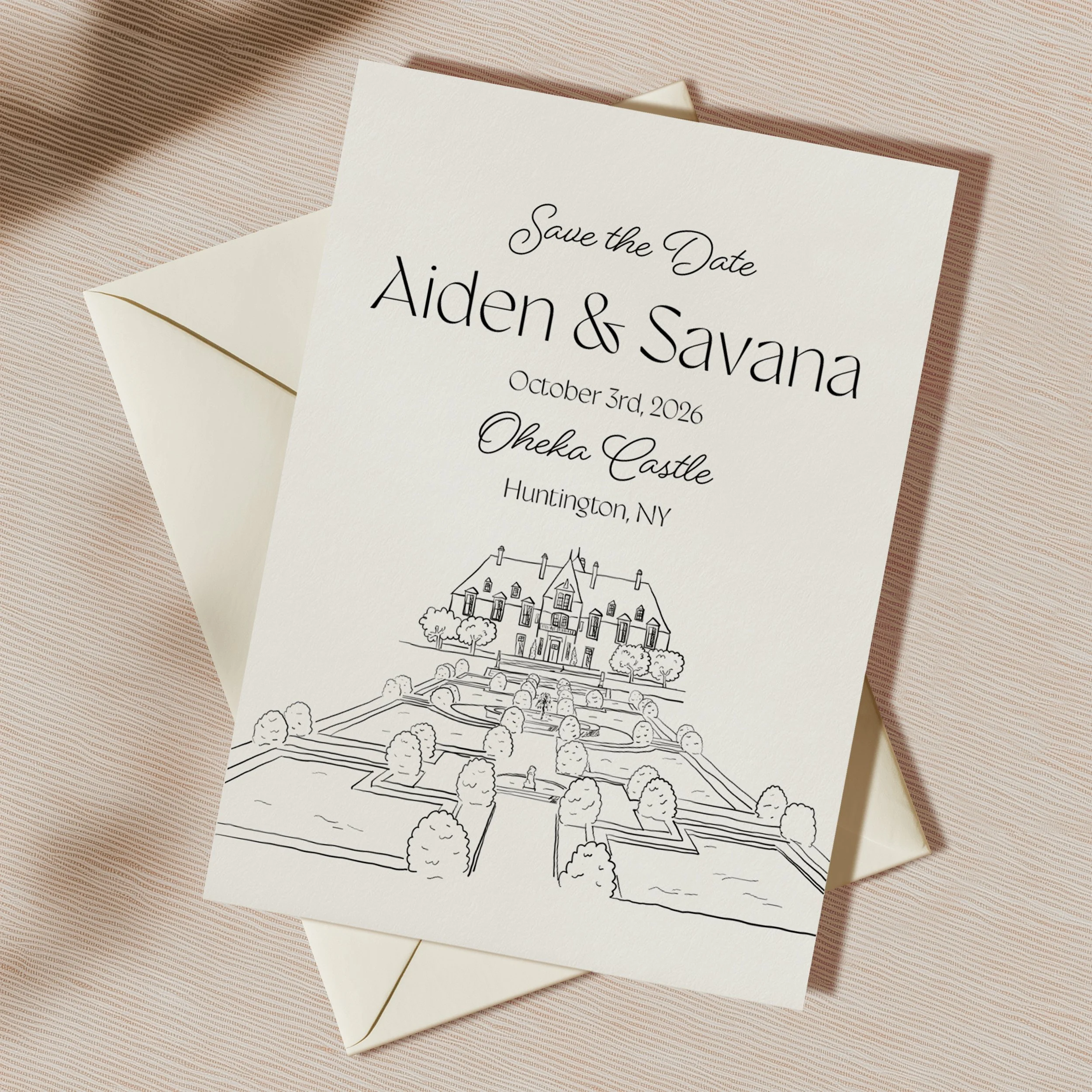 Save the date card featuring a line drawing of a mansion and garden, with event details for Aiden and Savana's wedding on October 3rd, 2026, at Oheka Castle in Huntington, NY.