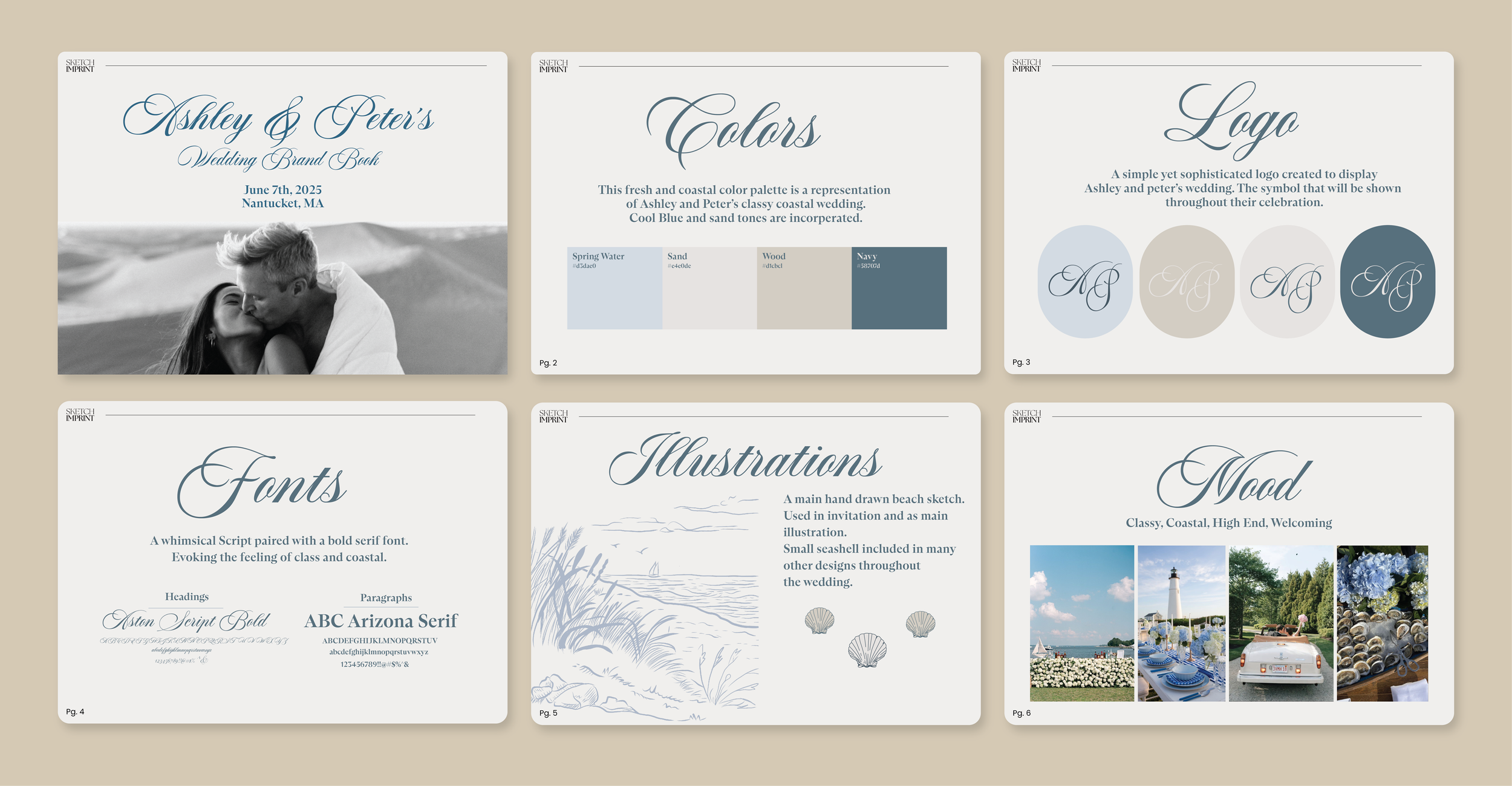 A presentation slide deck with six pages showcasing a wedding brand book. The pages include details about the couple Ashley and Peter, their wedding colors inspired by coastal and beach themes, a simple elegant logo, fonts used in the design, illustr