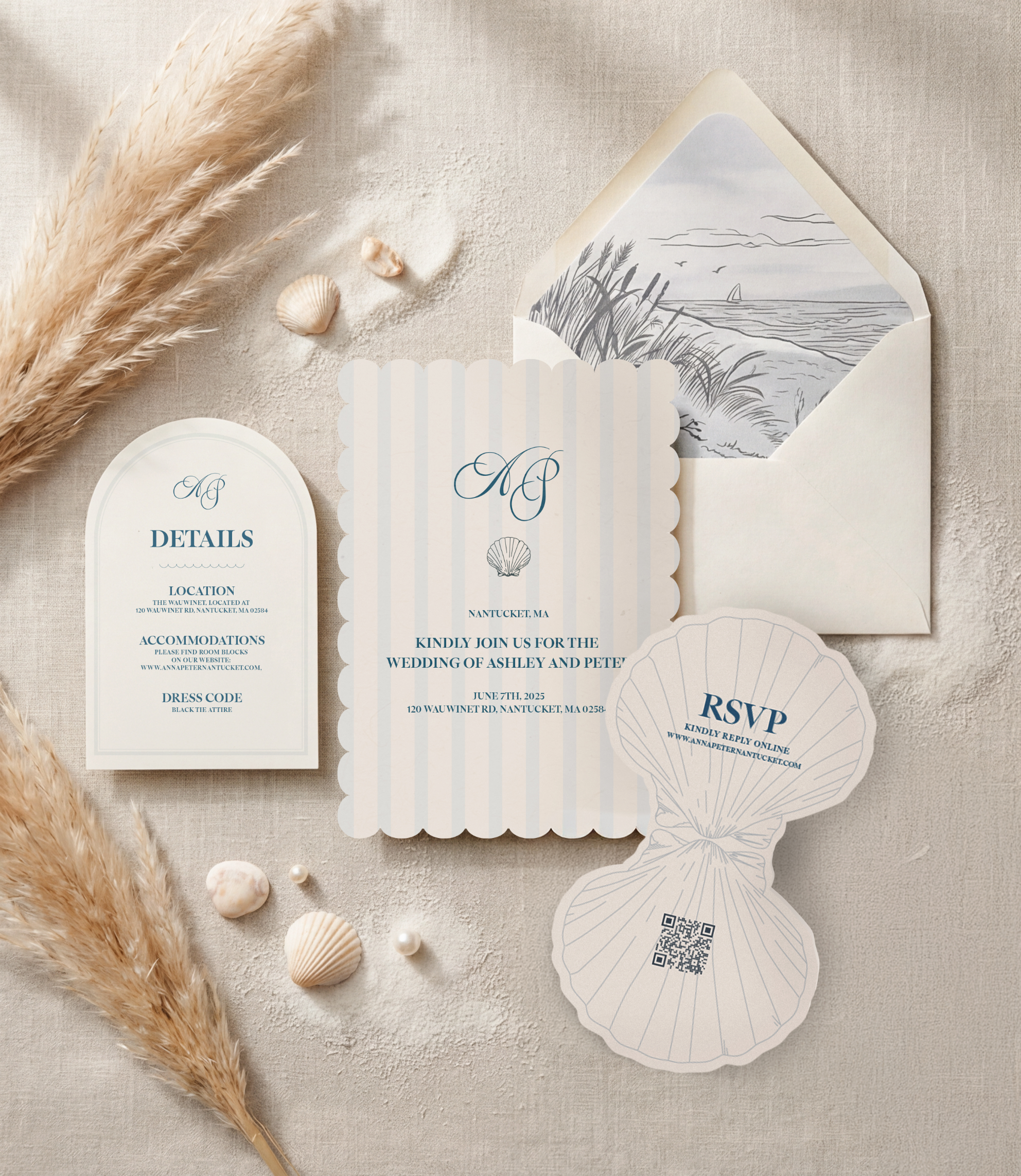 Beach-themed wedding invitation suite with RSVP card, details card, and an envelope with a seaside illustration inside. Decorative seashells, small pearls, and beige pampas grass surround the invitations on a textured surface.
