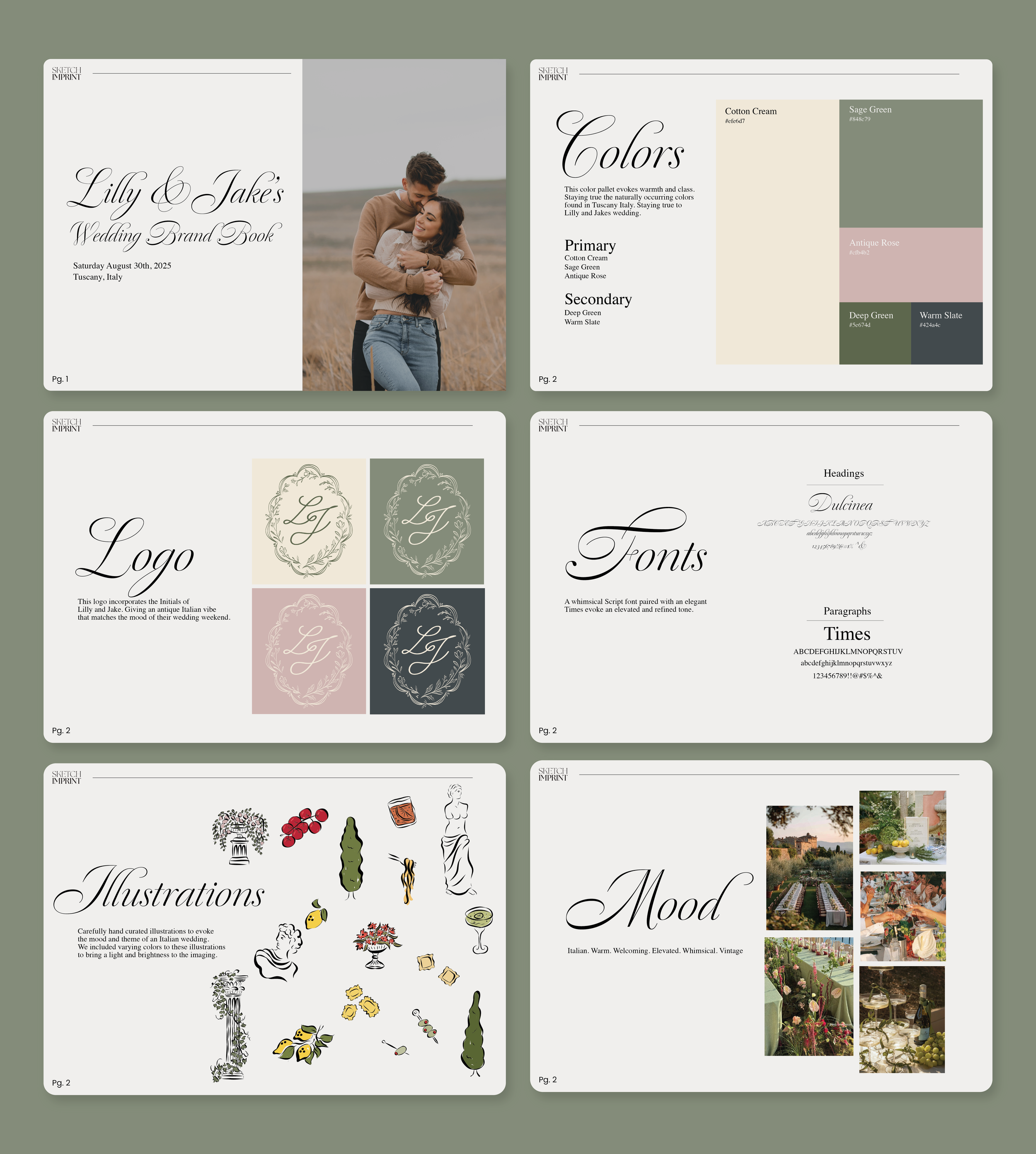 A collection of six pages from a wedding brand book. The pages include a photo of a couple hugging in a field, color palette swatches, logo designs with floral motifs, font styles with examples of script and serif fonts, illustrations of various obje
