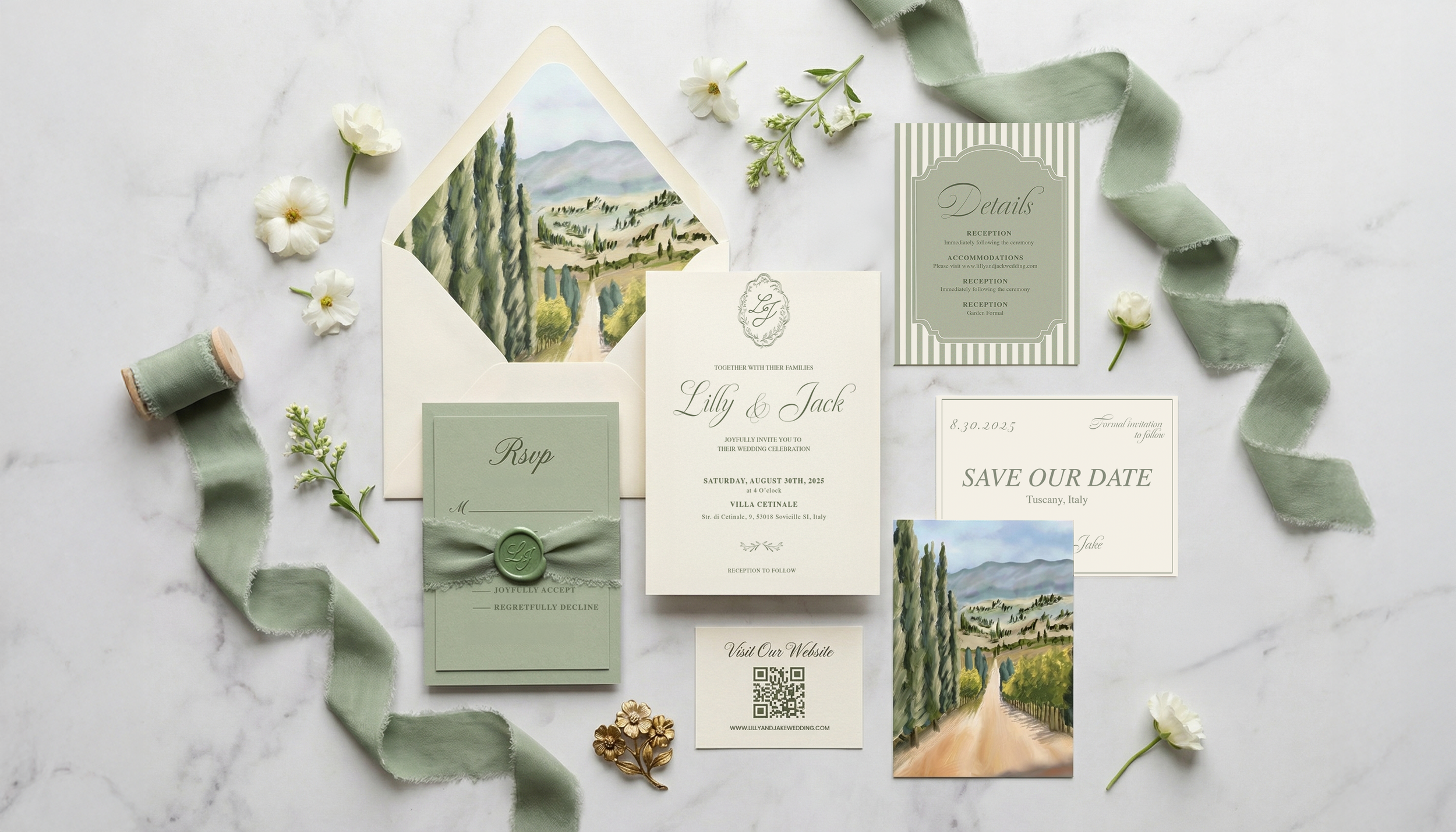 Wedding invitation suite with RSVP card, save the date, and details card in pastel green and white, featuring landscape artwork of Tuscany, Italy, decorated with white flowers, a green ribbon, gold floral embellishments, and a marble background.