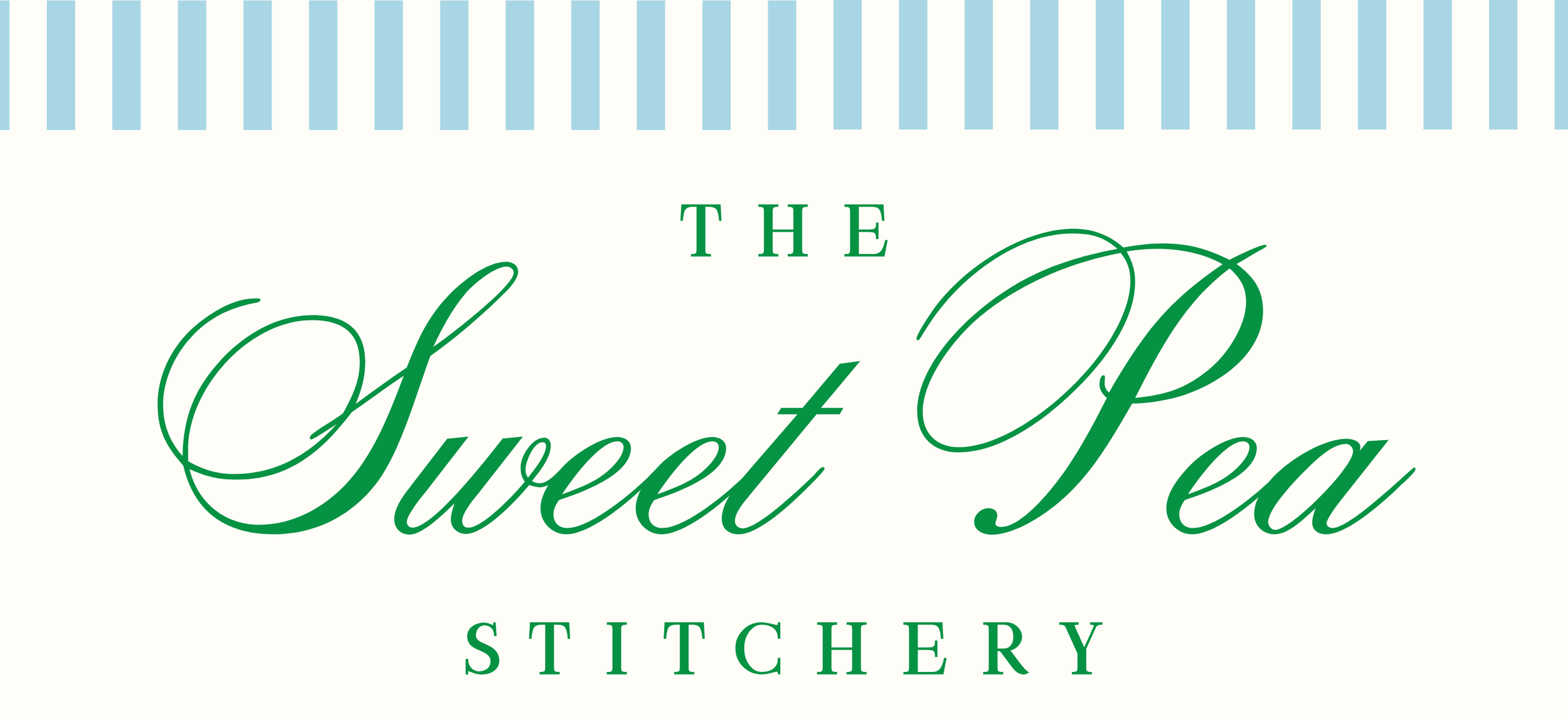 Logo for The Sweet Pea Stitchery, featuring a cream background, blue vertical stripes at the top, and green serif and script text that reads "The Sweet Pea Stitchery".