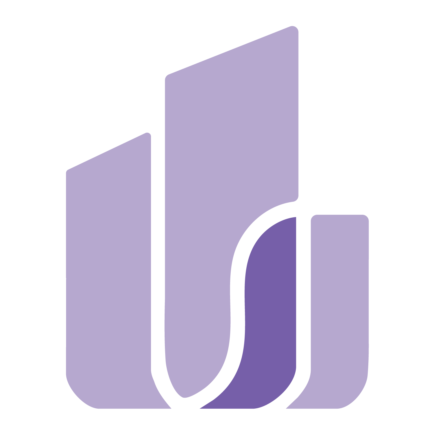 Abstract purple and lilac bar chart with a stylized 'D' shape in the center.