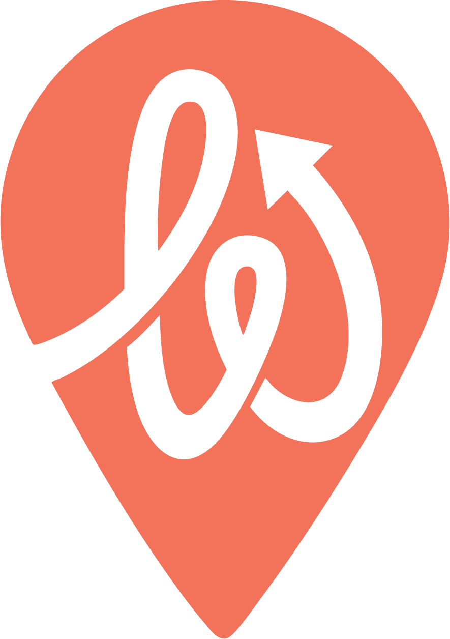 Map marker icon with a stylized, connected black logo on an orange background.
