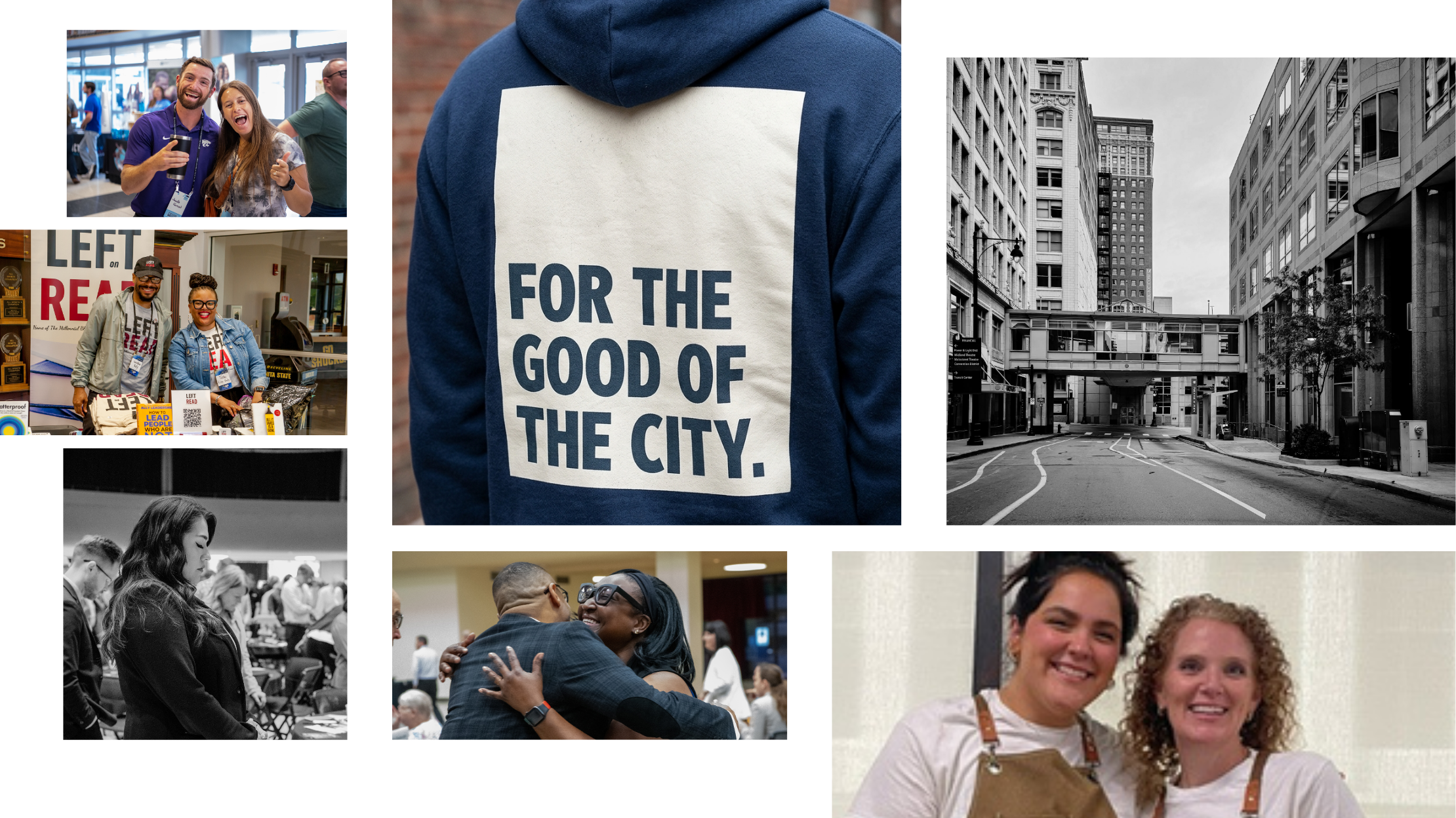 Collage of diverse people at a community event, with one person wearing a hoodie that says 'For the Good of the City'. Various scenes include social interactions, people at booths, and urban cityscape backgrounds.