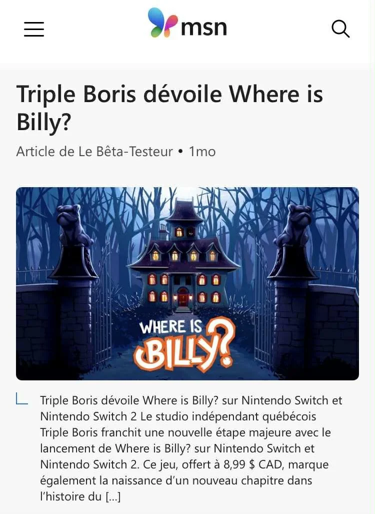 Couverture média de MSN pour le jeu vidéo Billy de Triple Boris