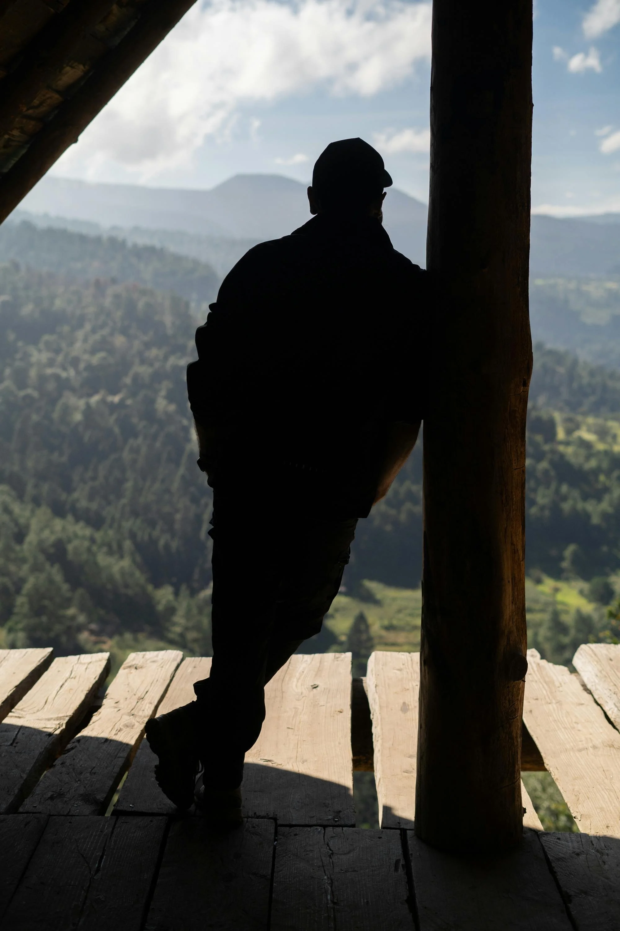 shadow of a man in a ballcap leaning on a tree or cabin overlooking a forest and mountain range