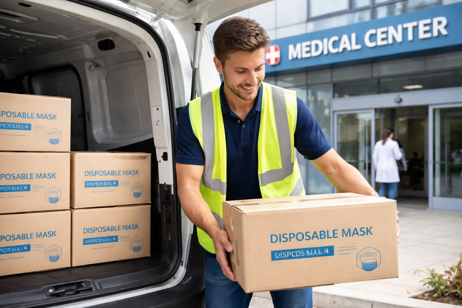 Medical courier delivering a shipment of face masks outside a healthcare clinic entrance