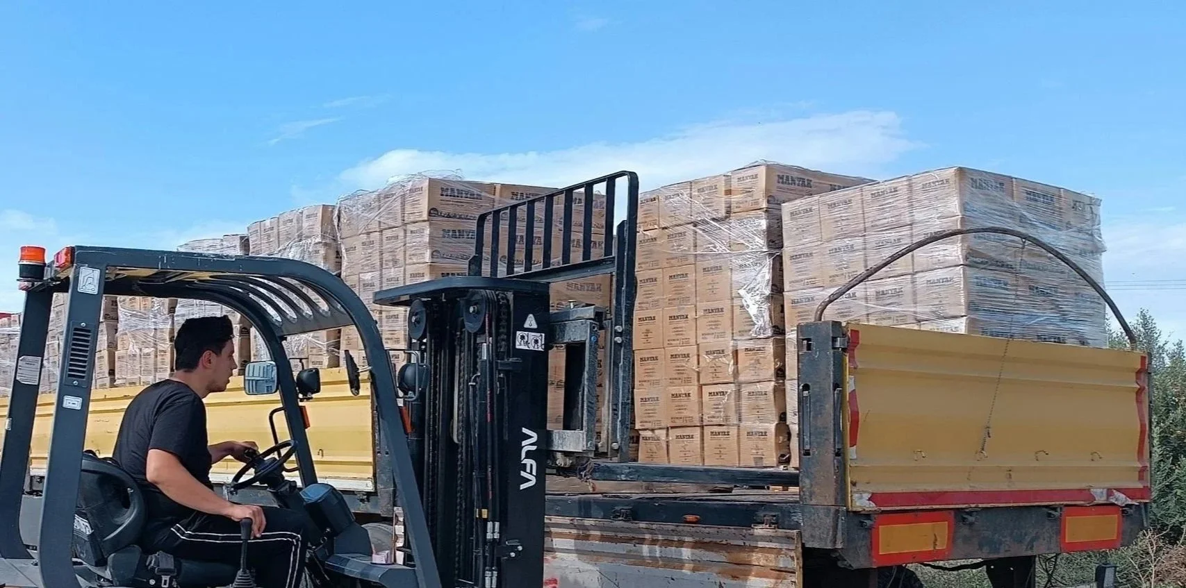 Young man operating a forklift to load or unload boxes onto a flatdeck semi-trailer