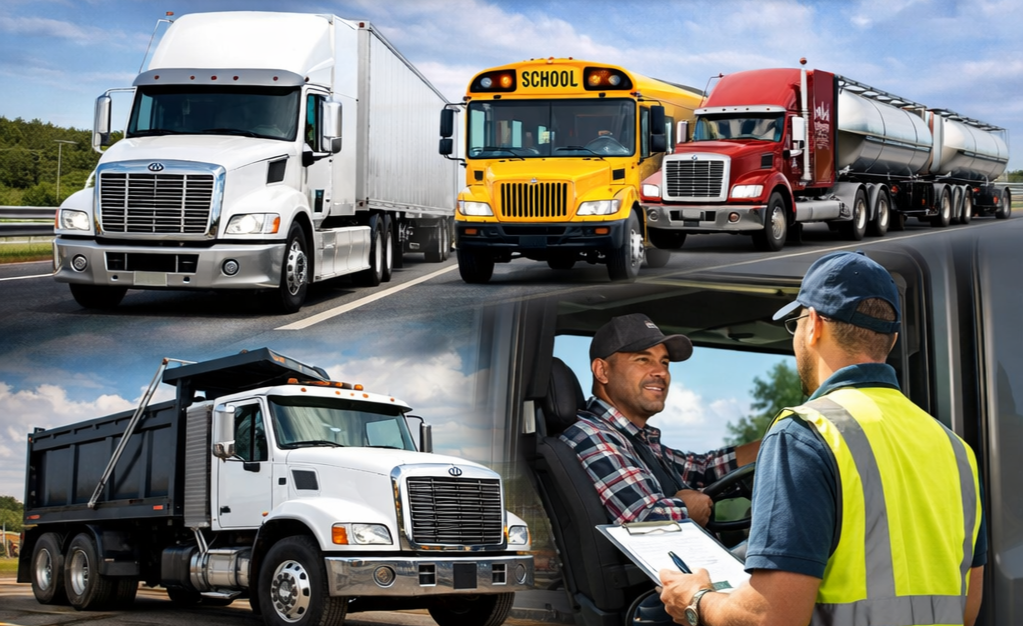 Semi-truck B-train undergoing driver road test as part of a training school evaluation program.