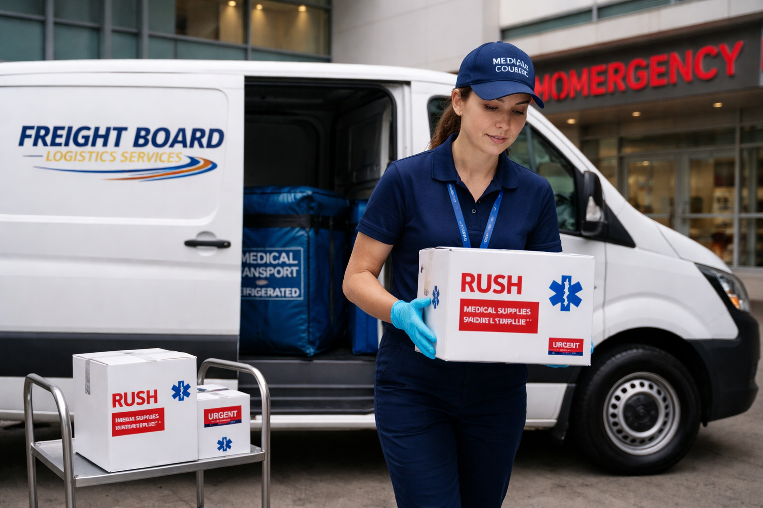 Woman carrying supply boxes in the emergency area of a medical facility