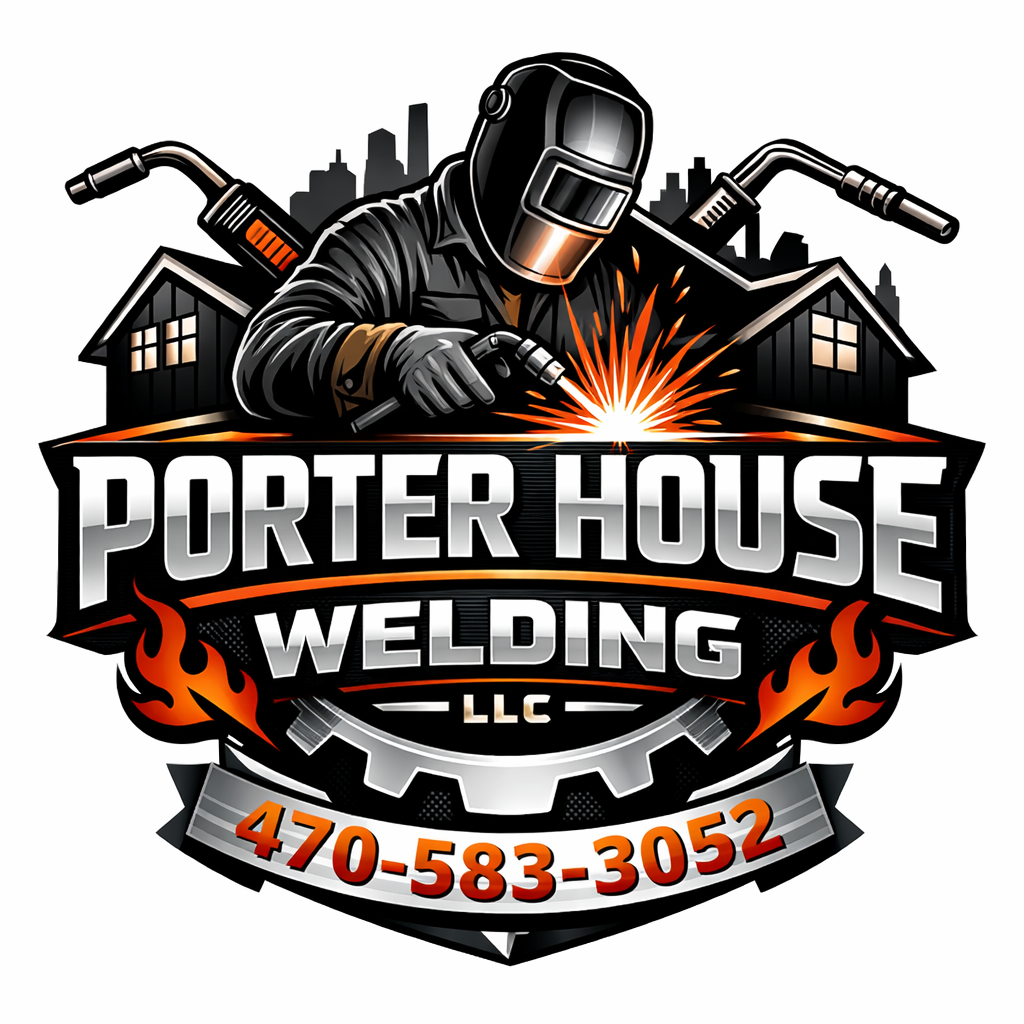 A logo for Porter House Welding LLC featuring a welder in protective gear welding with flames, houses, and cityscape in the background, and the company's phone number 470-583-3052.