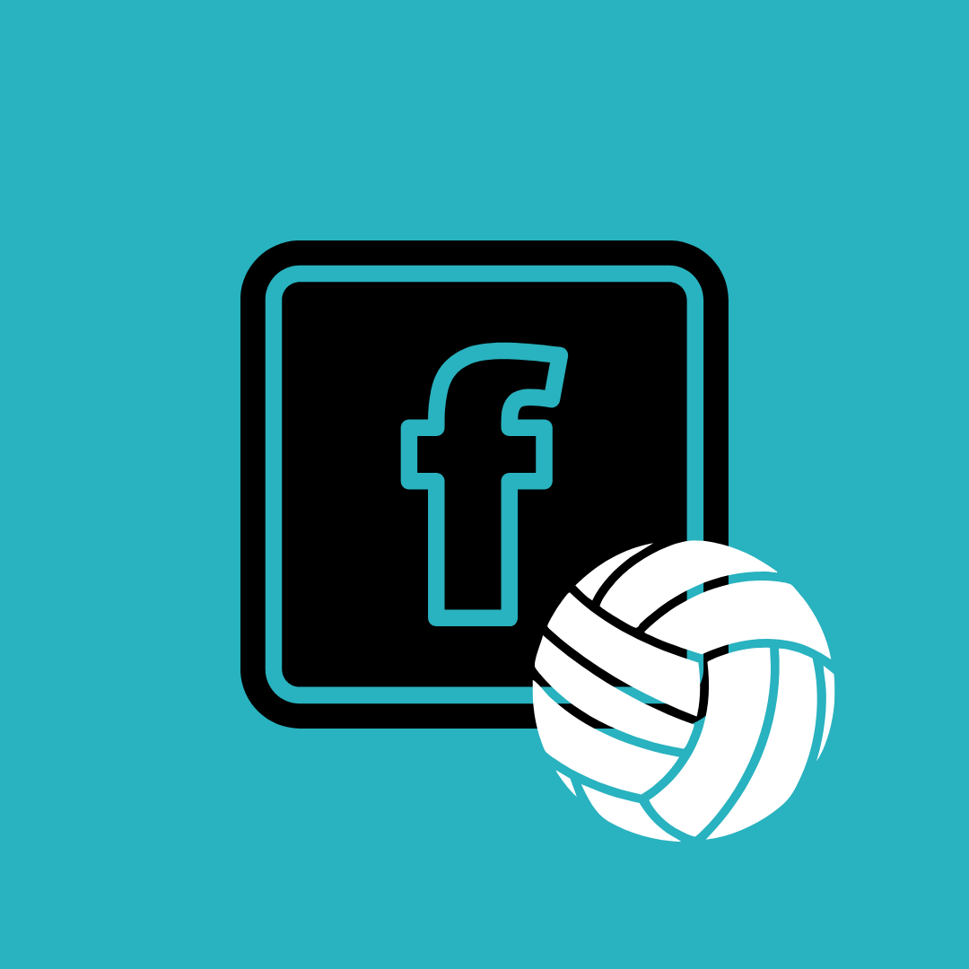 Facebook logo with a volleyball wrapping around it, set against a teal background.