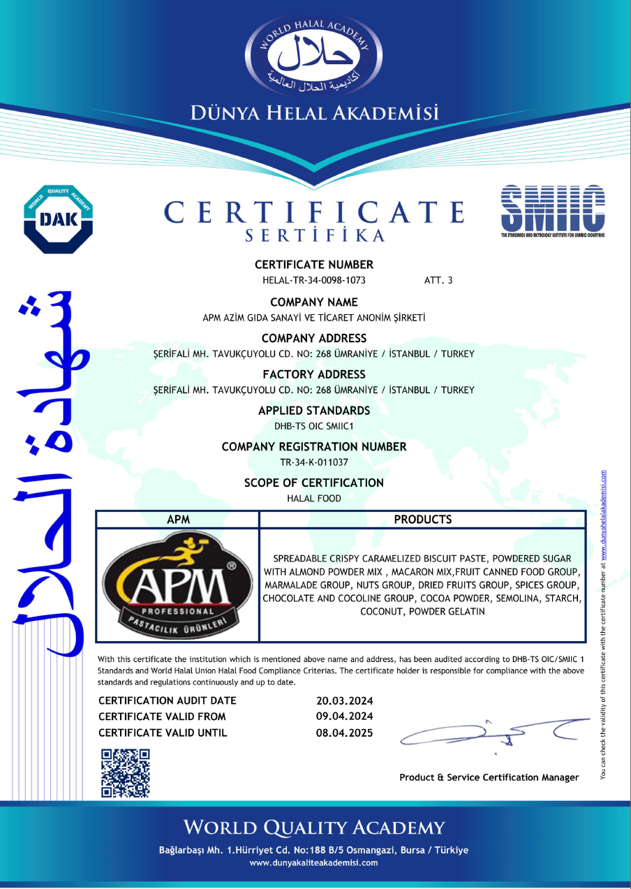 Certificate from the World Halal Academy issued to APM AZİM GIDA SANAYİ VE TİCARET ANONİM ŞİRKETİ for halal food standards, including details like company name, address in Istanbul, standards applied, registration number, product details, and certifi