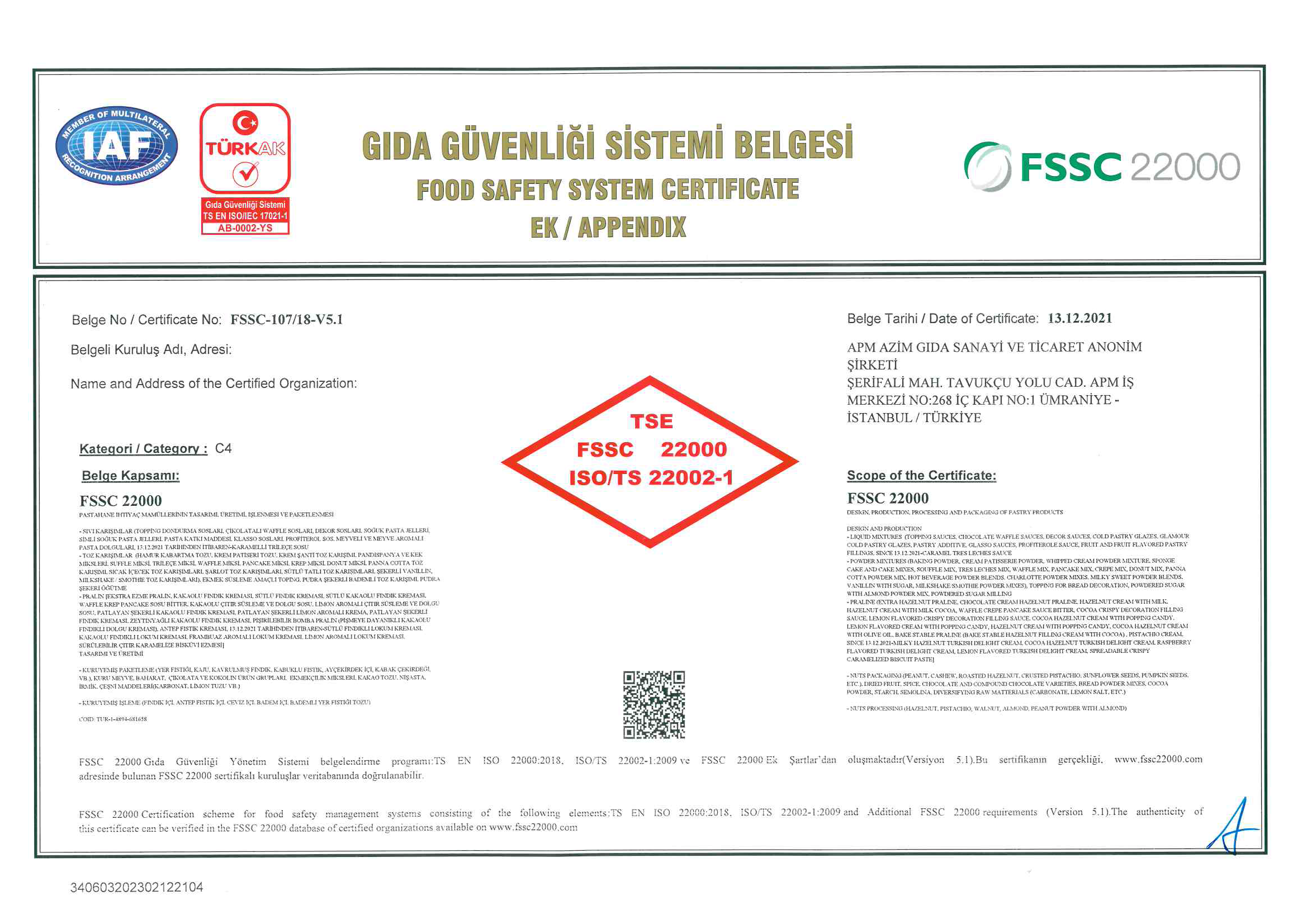 A food safety system certificate with multiple logos and detailed information in both Turkish and English, including certification numbers, dates, and organizational details.