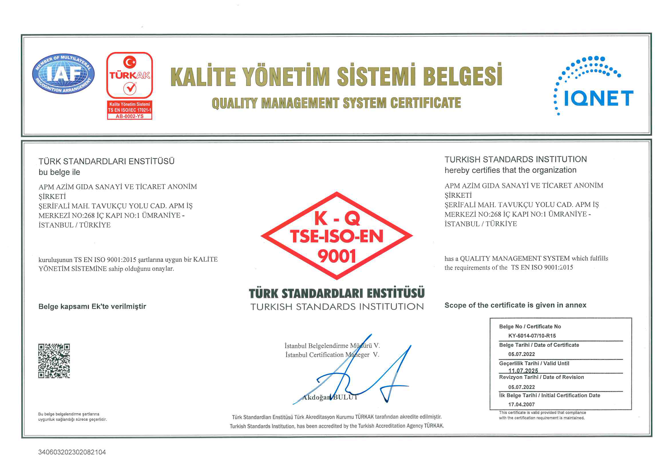 Turkish Quality Management System Certificate issued to a company, with official logos, signatures, and certification details.
