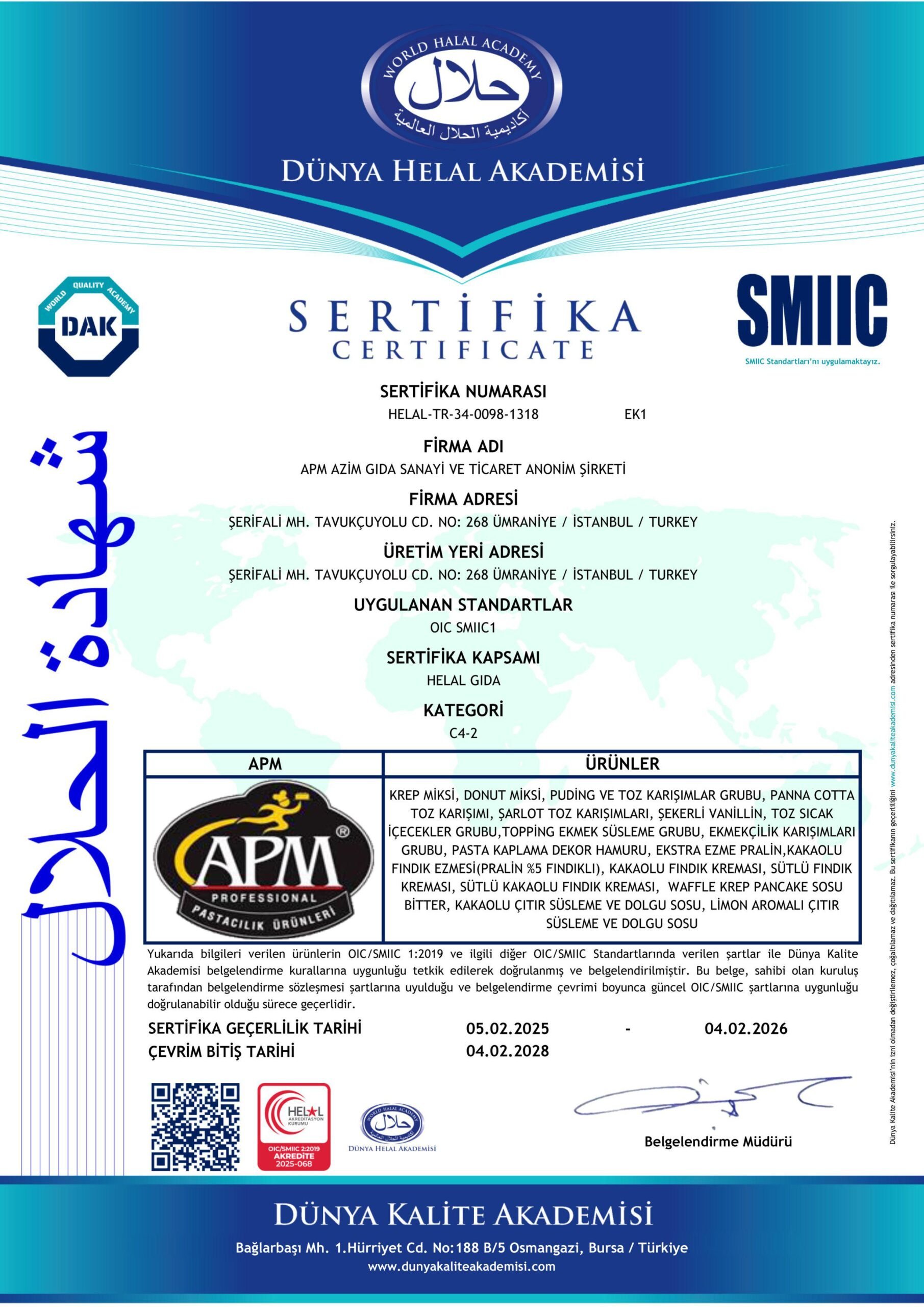 Certificate of conformity issued by the World Halal Academy for a company called APM Azim Gida Sanayi ve Ticaret Anonim Sirketi. It includes the company address in Istanbul, Turkey, and details of products and standards applicable. The certificate's 