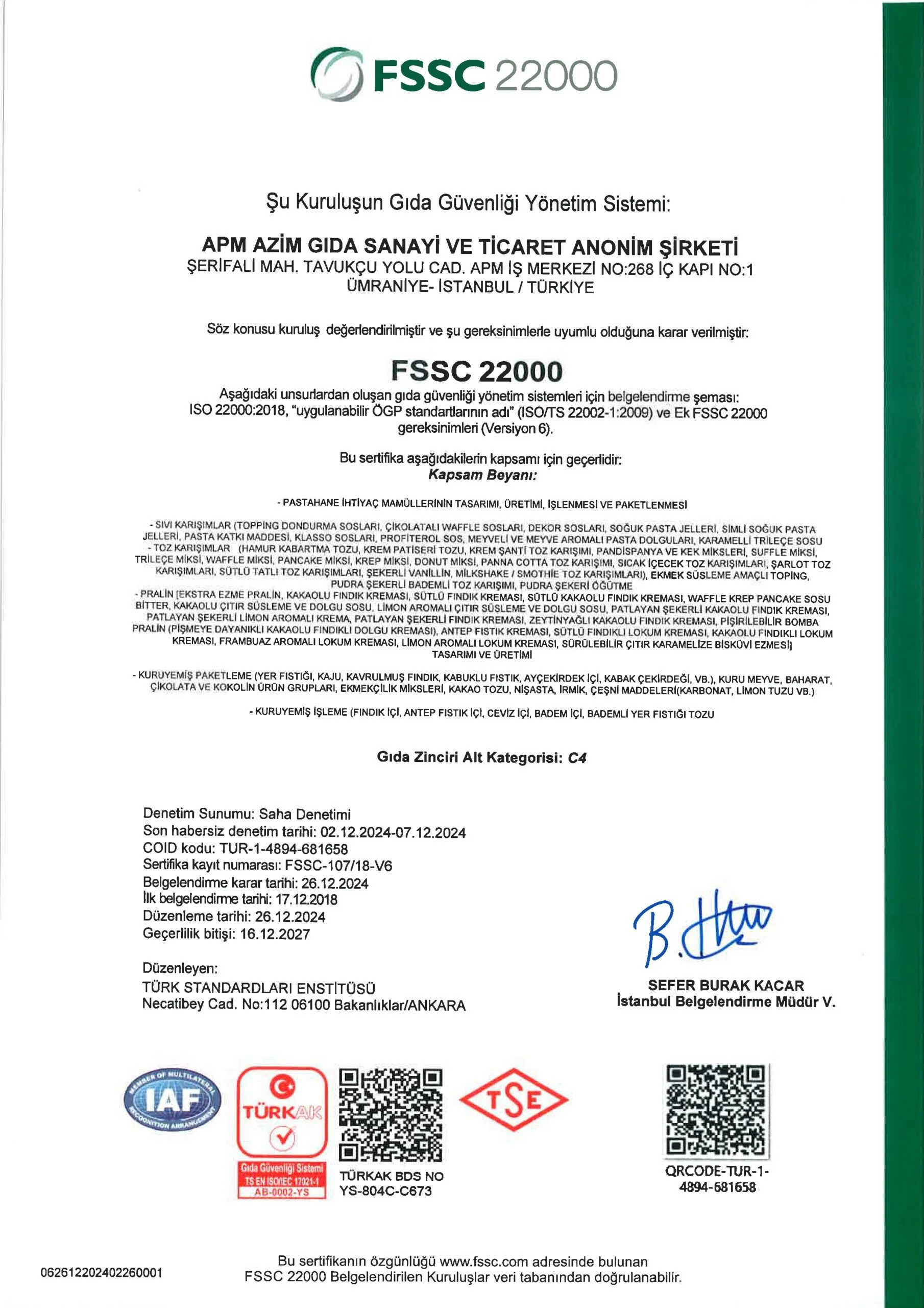 Official document titled FSSC 22000 food safety management certification, with various logos, QR codes, and signatures at the bottom.