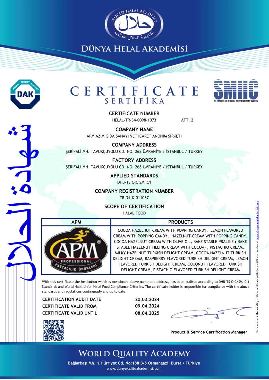Certificate from World Halal Academy for APM Azim Gida Sanayi ve Ticaret A.Ş., issued in Turkey, verifying halal food standards for cocoa hazelnut cream and Turkish delight products, with approval and certification details.