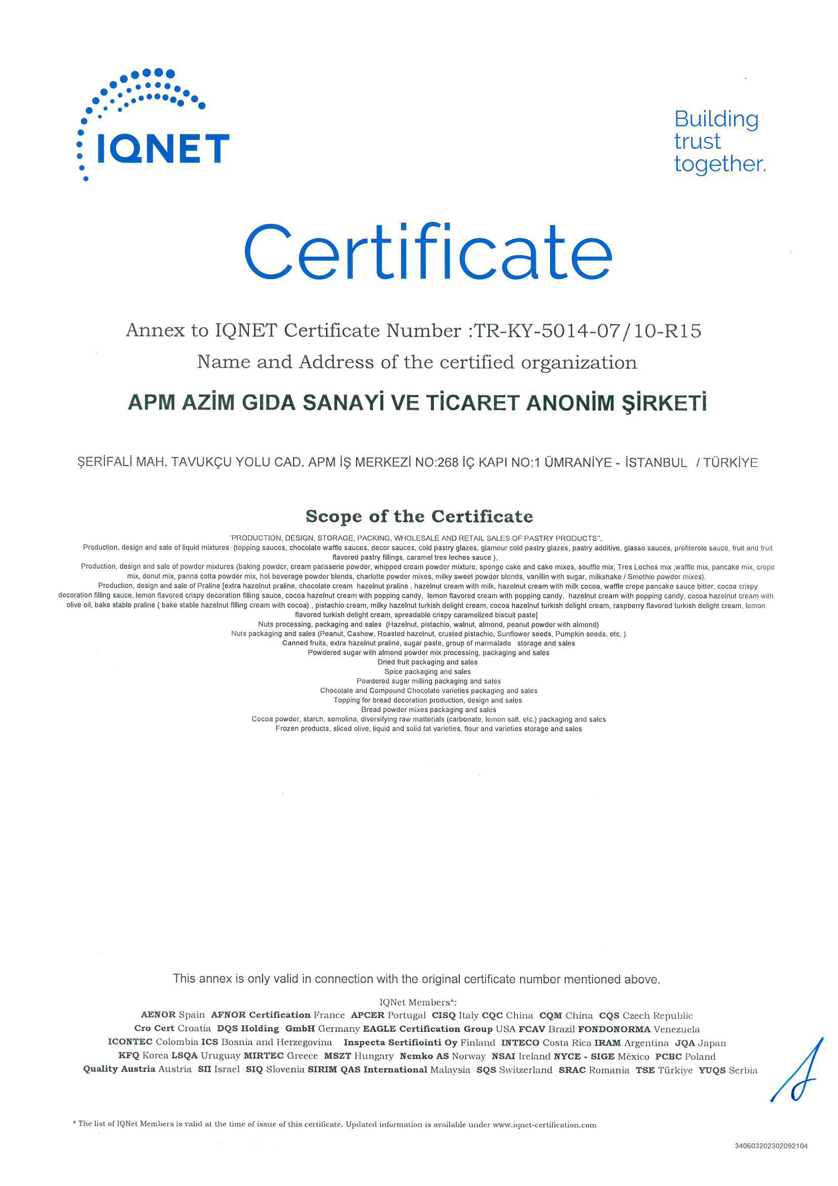 Certificate with the IQNET logo at the top left, large title 'Certificate' in the center, and detailed text below. A blue signature mark at the bottom right.