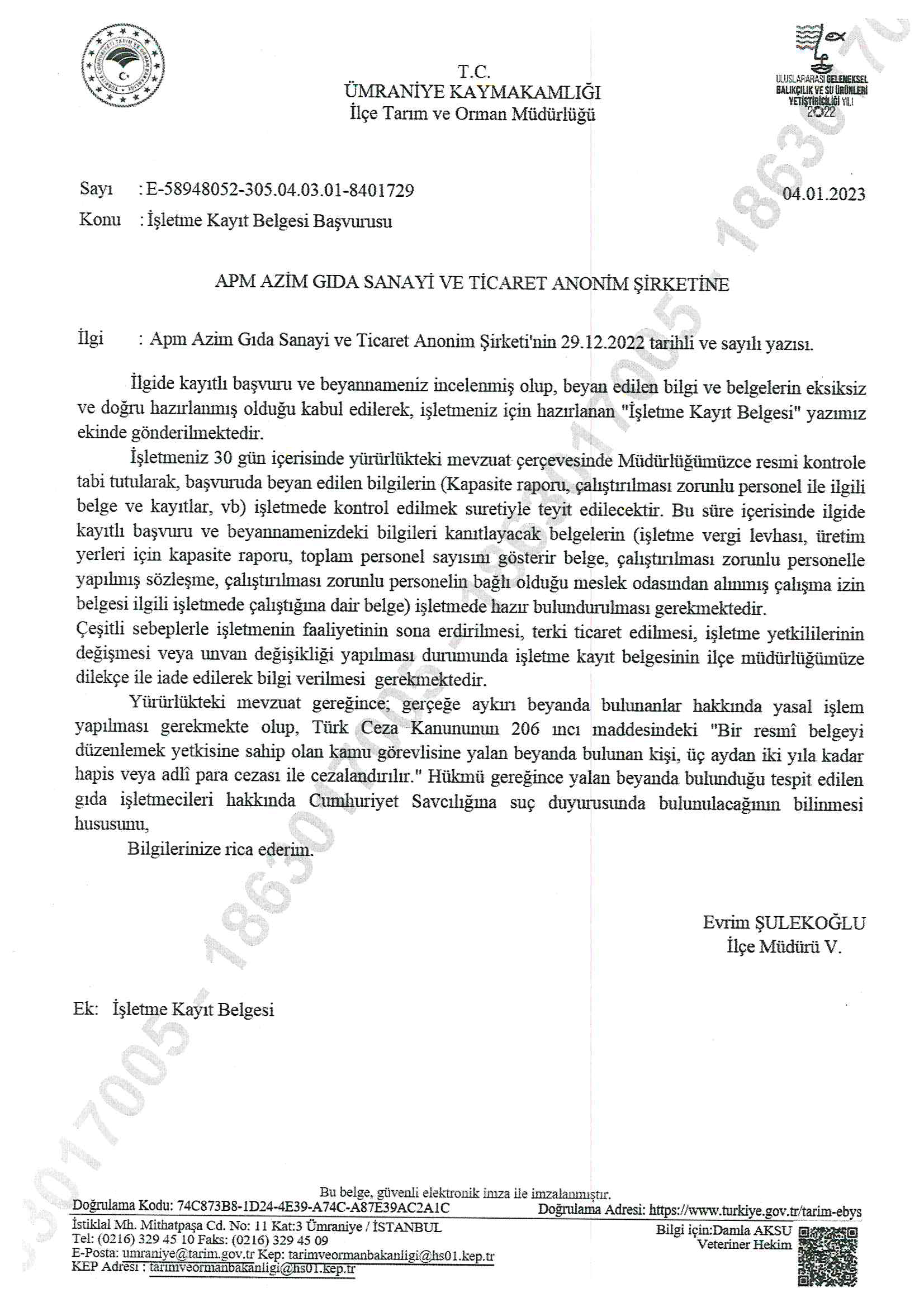 Official Turkish government document titled 'İşletme Kayıt Belgesi Başvurusu' regarding a business registration application for APM Azım Gıda Sanayi ve Ticaret Anonim Şirketi, dated January 4, 2023. Contains official logos, stamps, and legal text in 