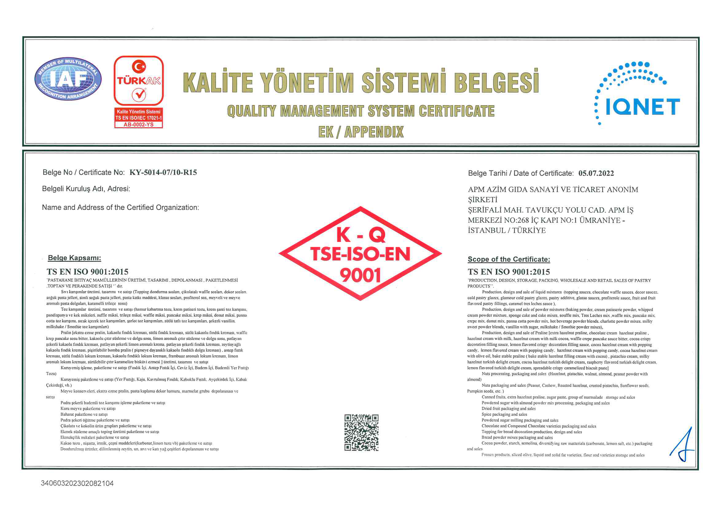 A quality management system certificate document in Turkish and English with logos and a QR code.