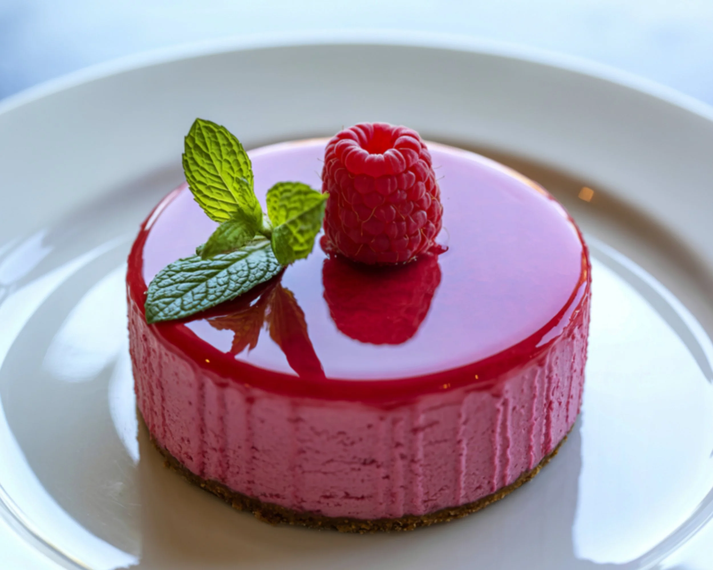 Close-up of a pink mousse cake topped with a raspberry and garnished with fresh mint leaves on a white plate.