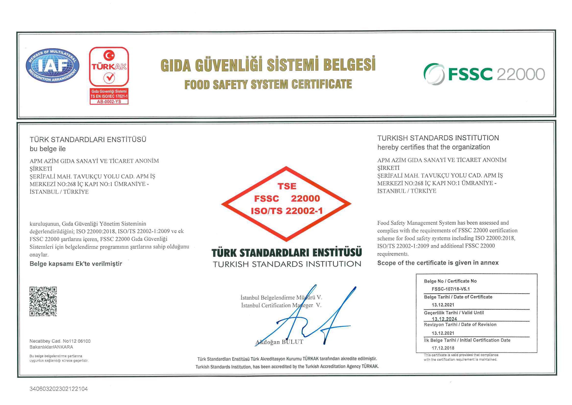 Food Safety System Certificate issued by Turkish Standards Institute, displaying logos, certification details, and signatures.