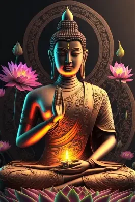 A golden Buddha statue in a meditative pose, surrounded by pink lotus flowers and a glowing background.