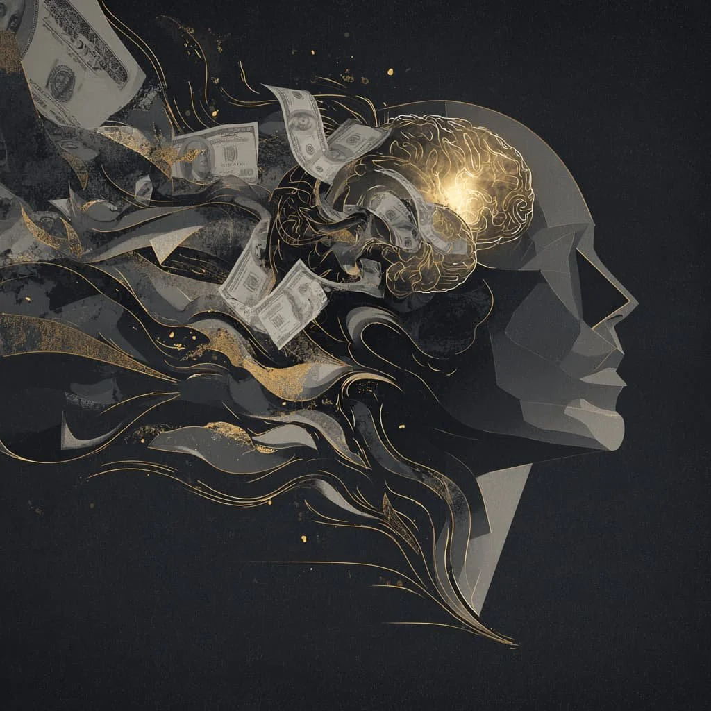 Money psychology concept showing human brain with dollar bills, illustrating cognitive bias and financial decision making