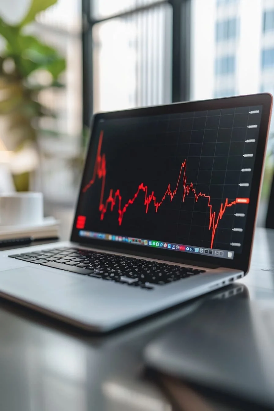 Stock market chart declining on laptop screen