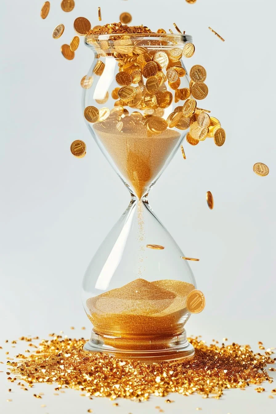 Minimalist glass hourglass with flowing gold sand and coins spilling through, symbolizing time, money, and the tradeoff between saving and living.