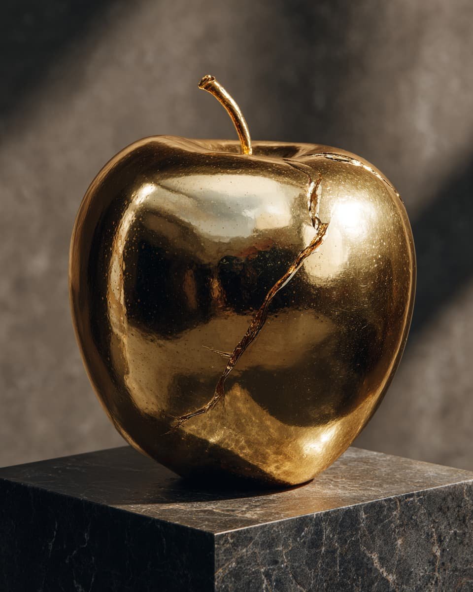 A golden apple with a crack in it representing money myth section