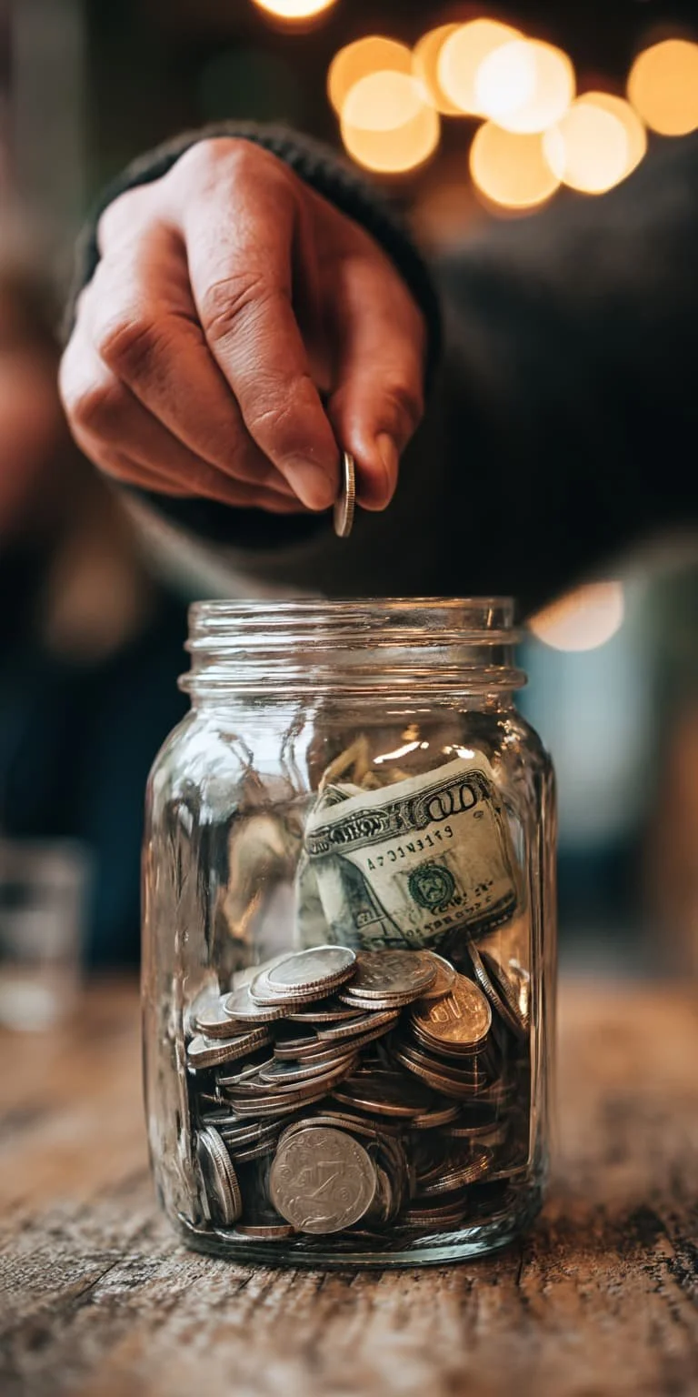 A hand placing a coin into a glass jar filled with dollar bills and coins, on a wooden surface with blurred lights in the background.