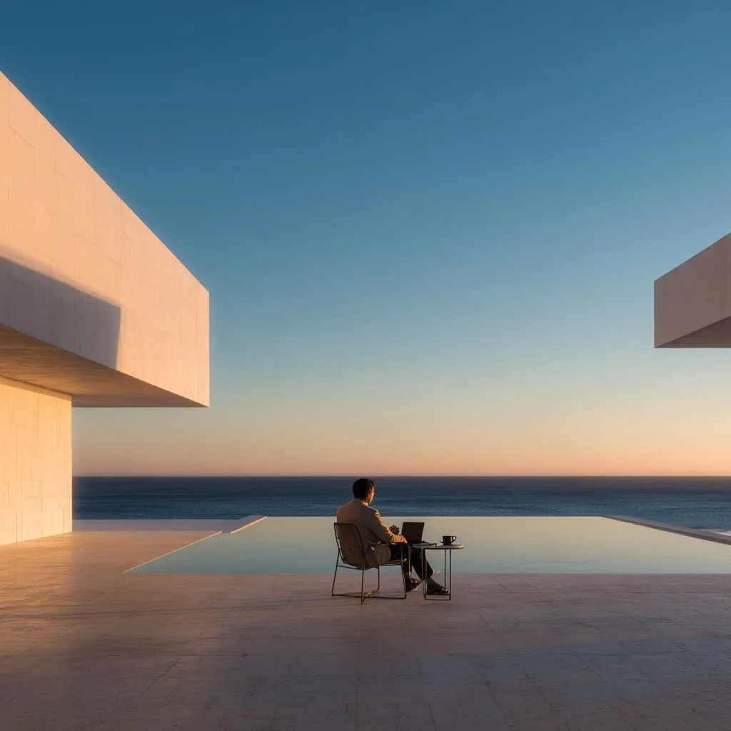 A person sitting on a chair with a laptop, coffee cup, and papers, gazing at the ocean during sunset on a modern patio.
