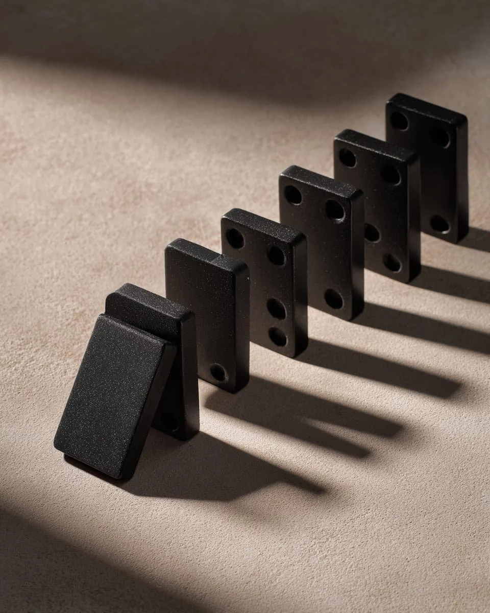 Black dominoes arranged in a line on a beige surface with shadows cast by sunlight.