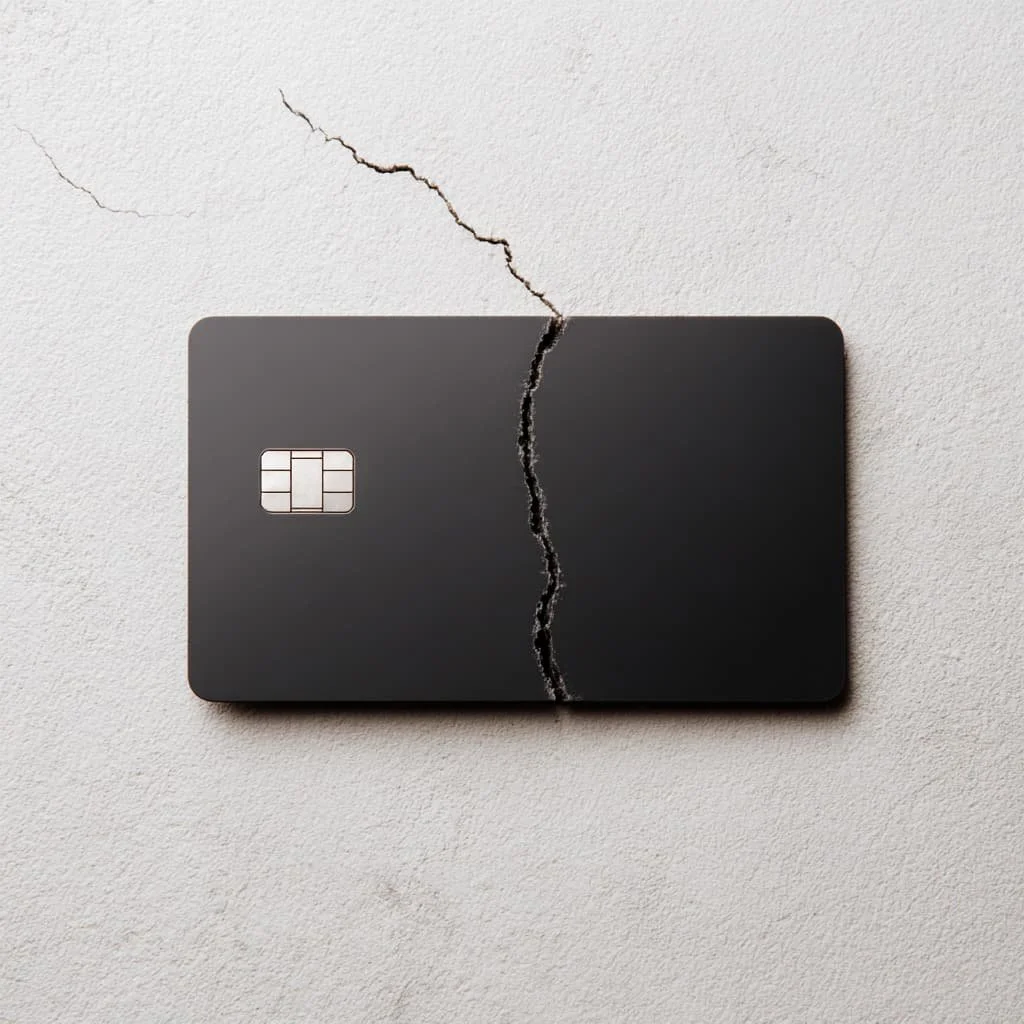 A credit card with a crack in the middle representing section about debt strategy