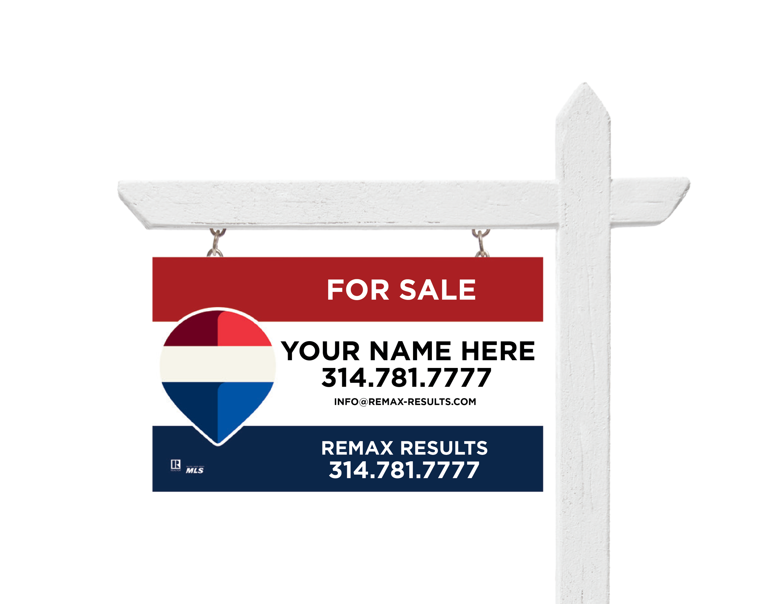 Real estate for sale sign with Red, White, and Blue color scheme, offering contact information for REMAX Results.